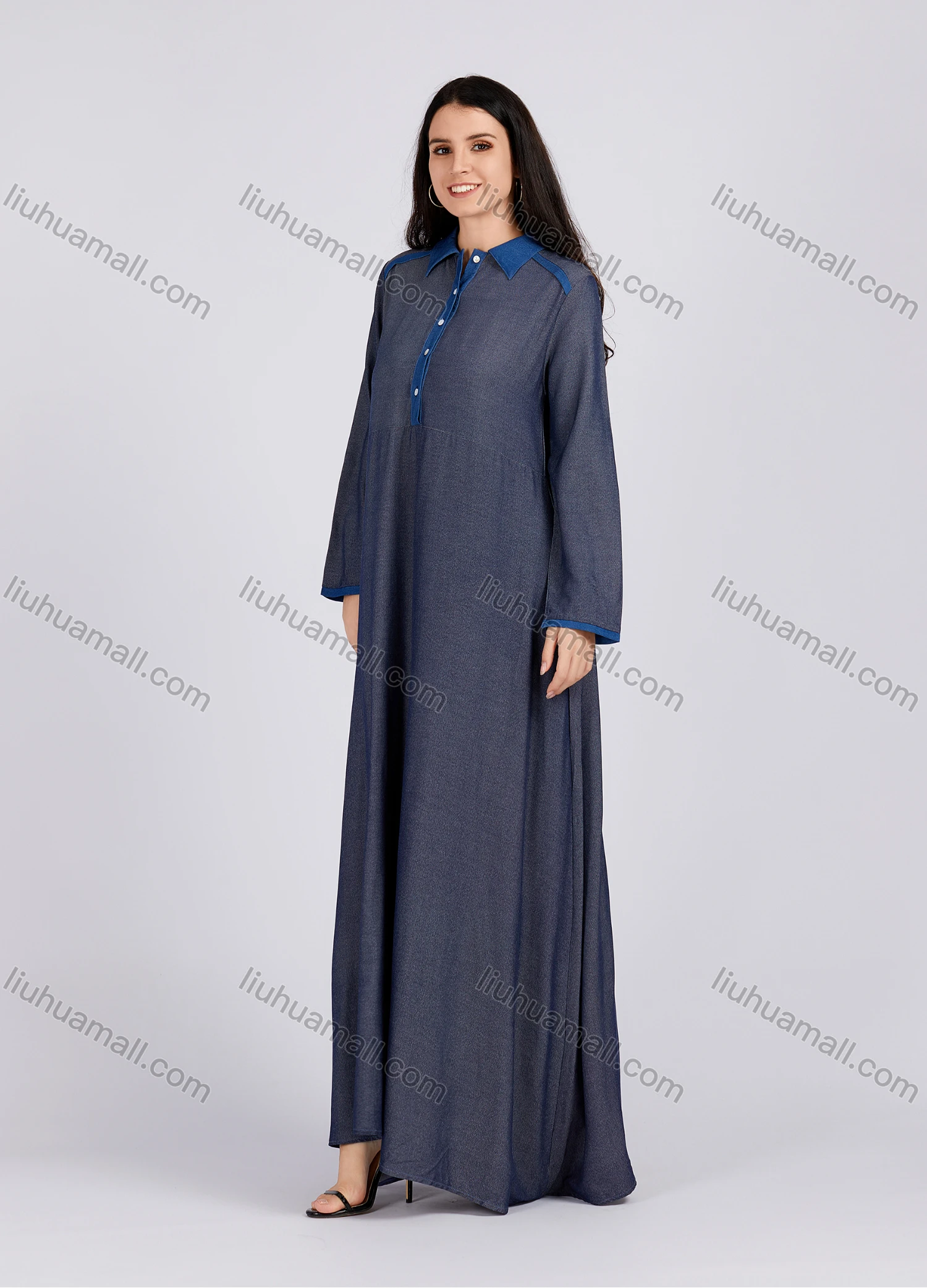 Wholesale Women's Distressed Button Front Collared Curved Hem contrast Long Sleeve Denim Dress - Liuhuamall