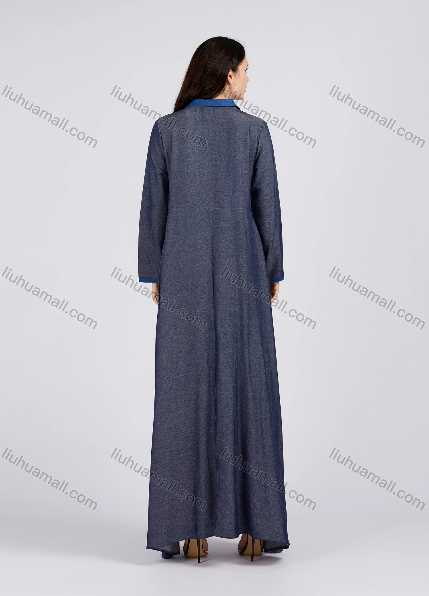 Wholesale Women's Distressed Button Front Collared Curved Hem contrast Long Sleeve Denim Dress - Liuhuamall