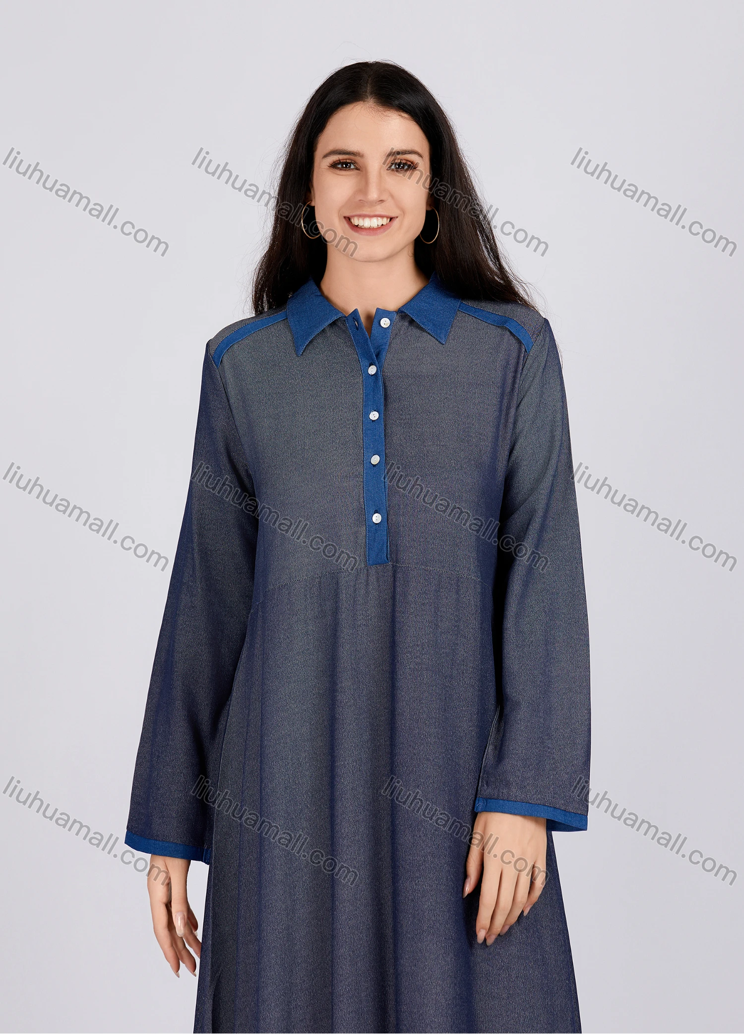 Wholesale Women's Distressed Button Front Collared Curved Hem contrast Long Sleeve Denim Dress - Liuhuamall