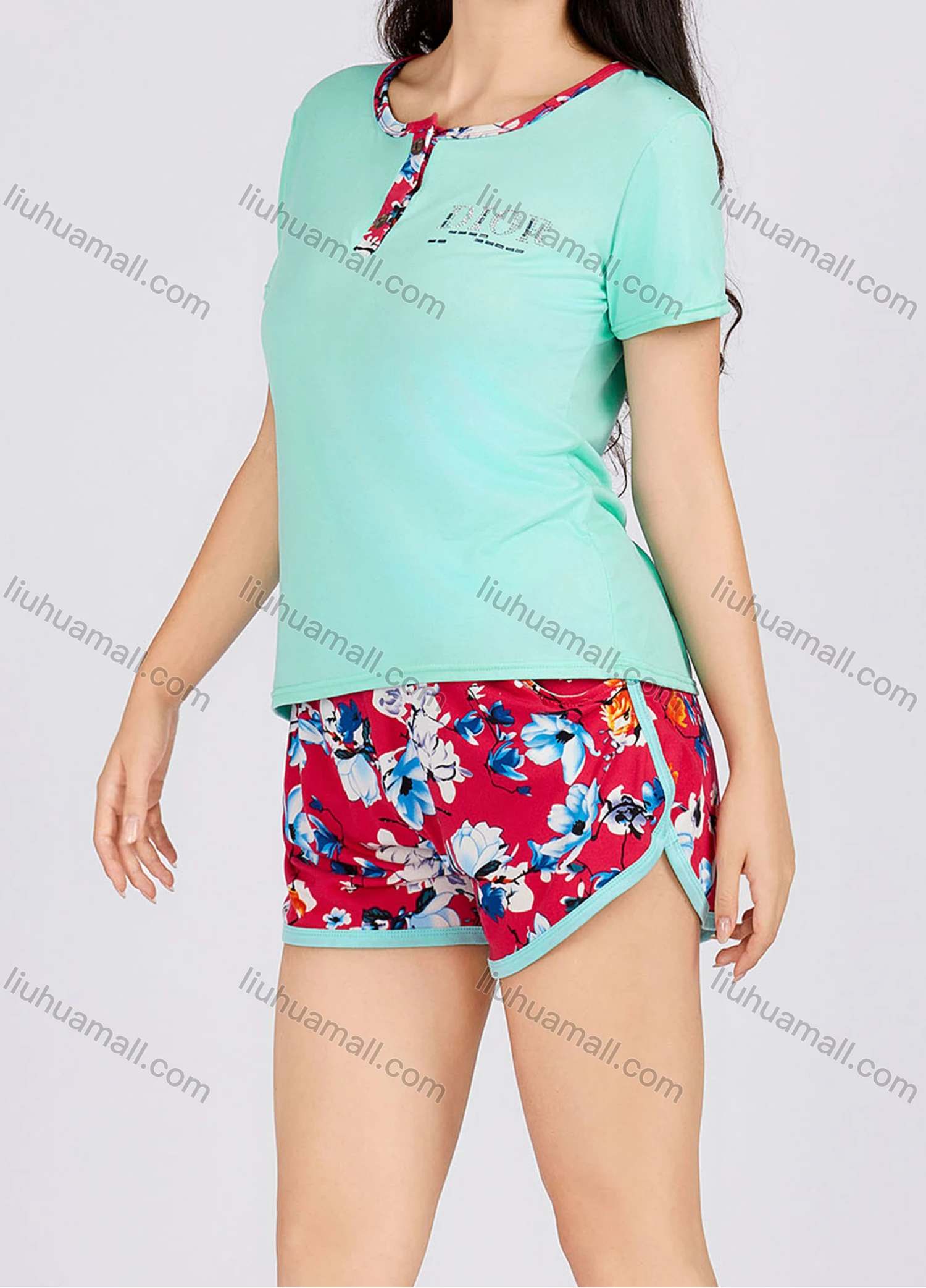 Wholesale Women's Casual Contrast Floral Button Front Crew Neck T-Shirt With Shorts 2 Piece Pajamas Lounge Set 2207# - Liuhuamall