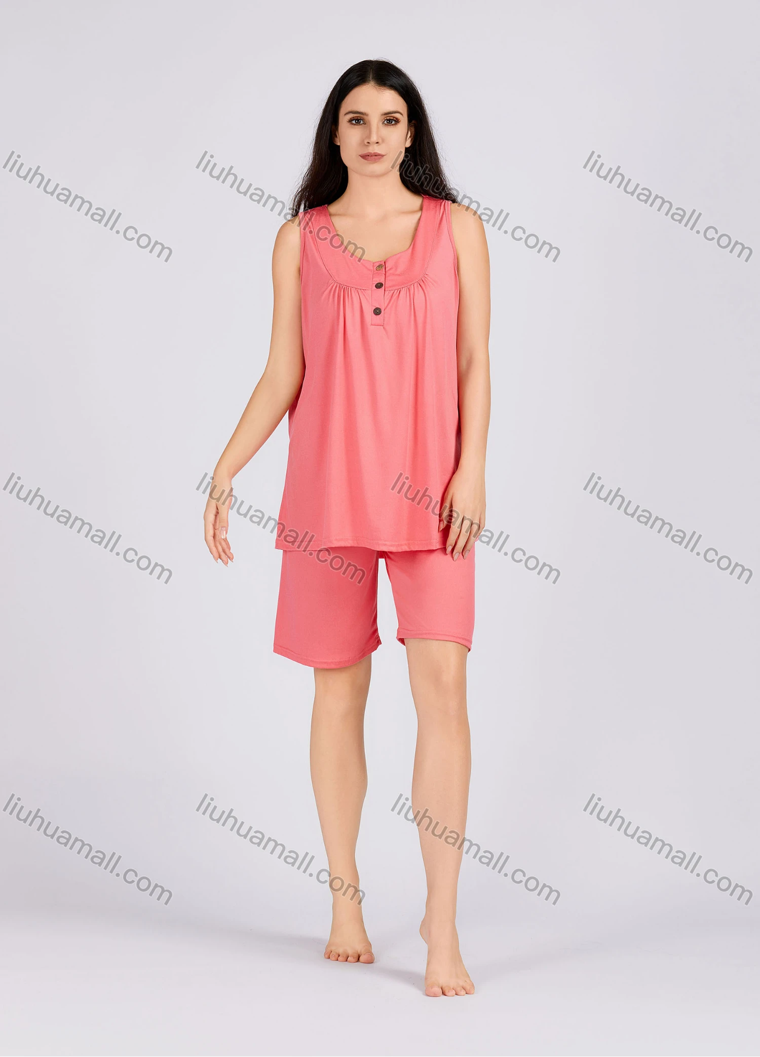 Wholesale Women's Casual Plain Ruched Button Front Scoop Neck Tank Top With Shorts 2 Piece Pajamas Lounge Set 0132# - Liuhuamall
