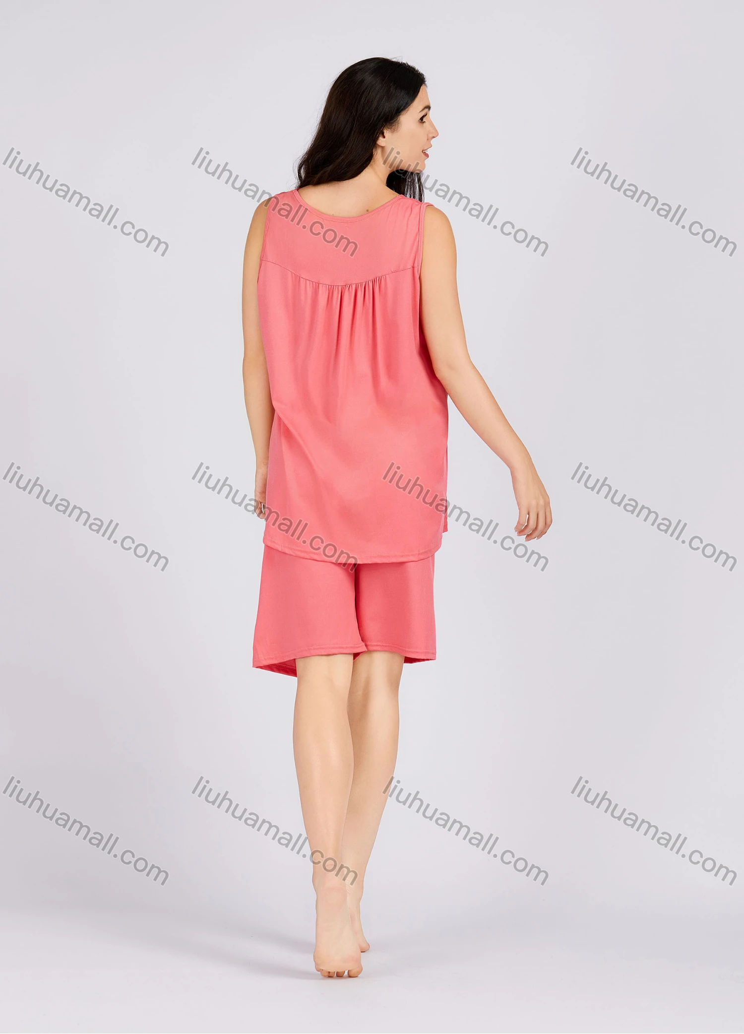 Wholesale Women's Casual Plain Ruched Button Front Scoop Neck Tank Top With Shorts 2 Piece Pajamas Lounge Set 0132# - Liuhuamall