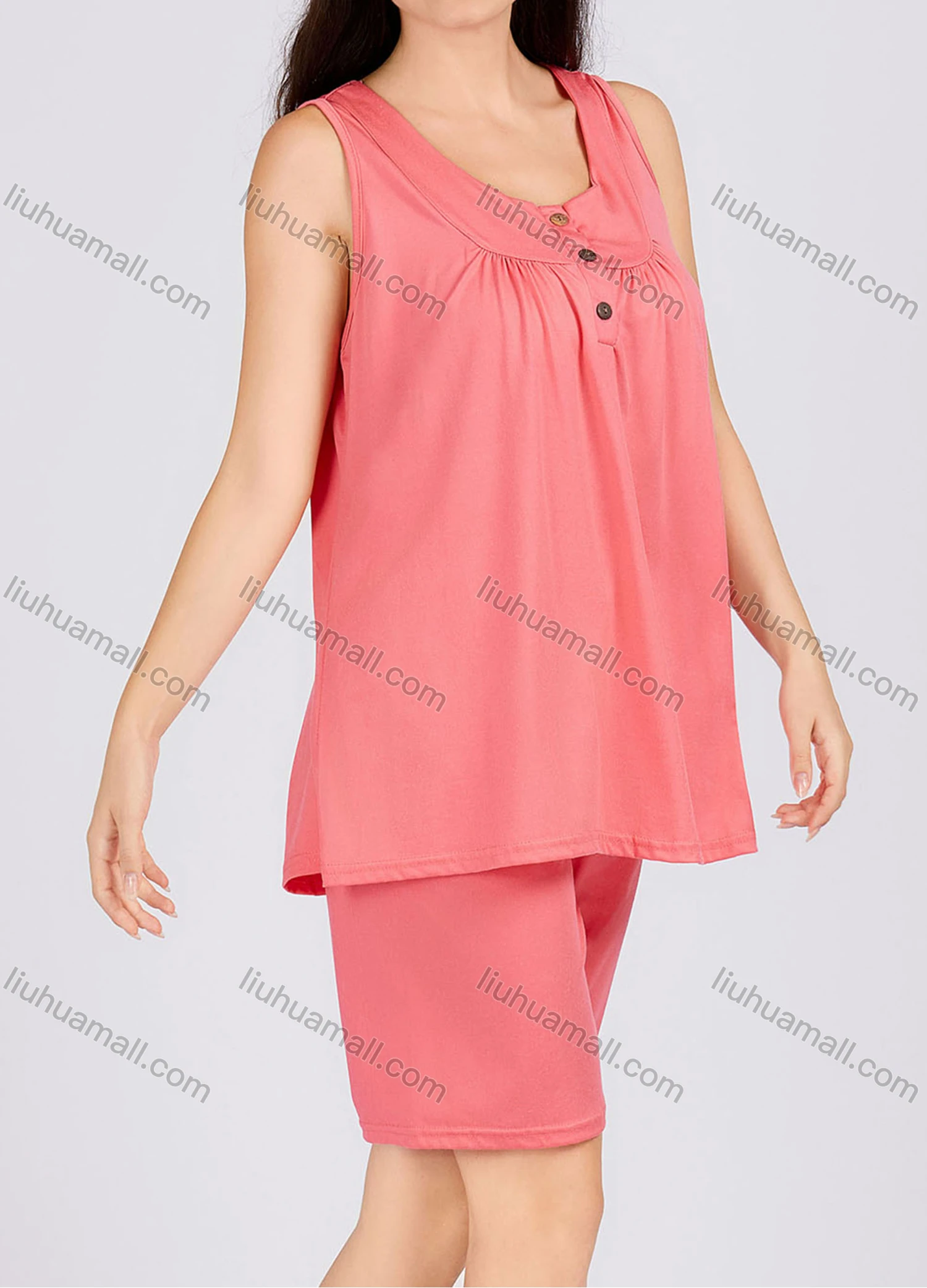 Wholesale Women's Casual Plain Ruched Button Front Scoop Neck Tank Top With Shorts 2 Piece Pajamas Lounge Set 0132# - Liuhuamall