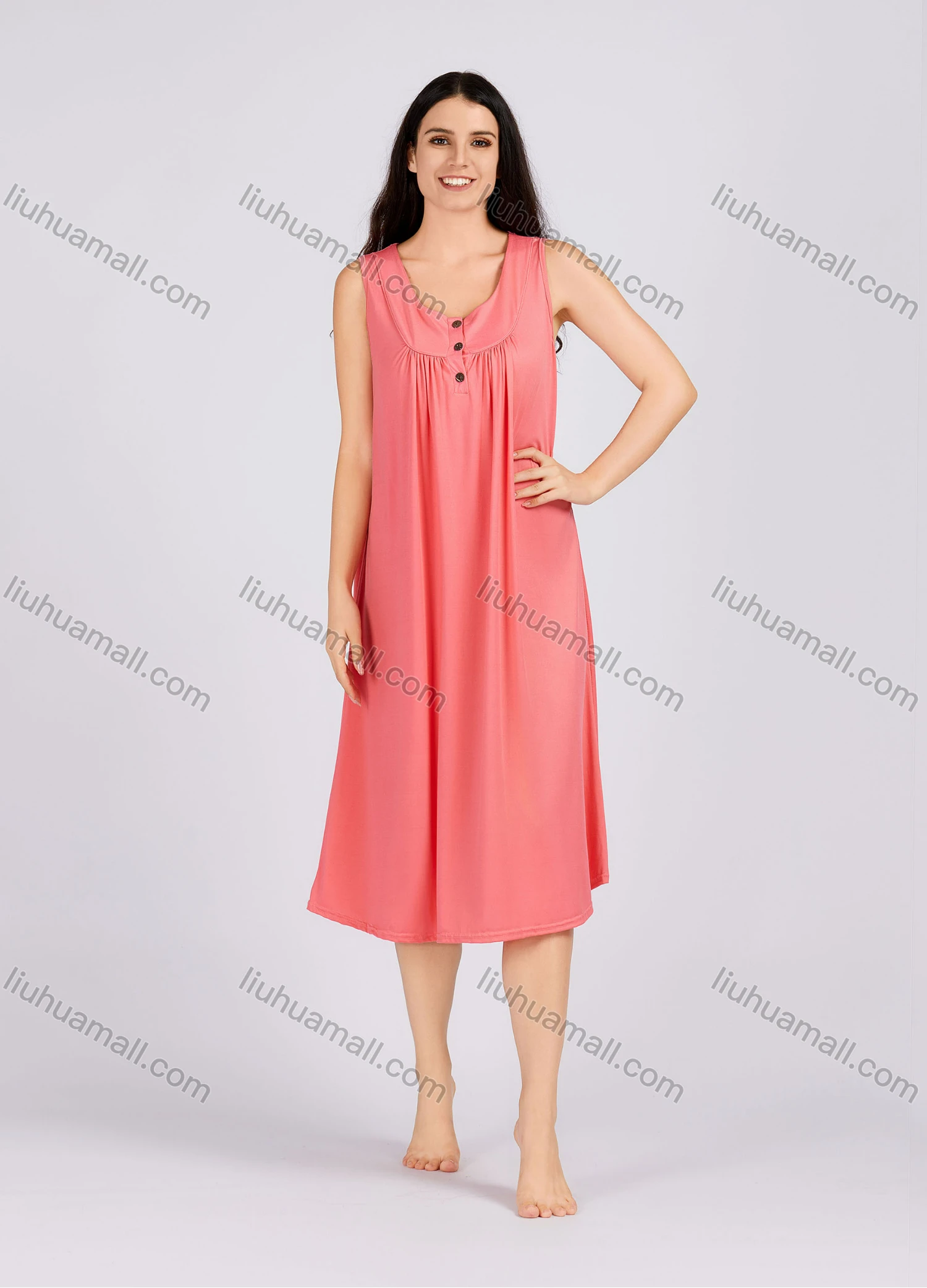 Wholesale Women's Casual Plain Ruched Button Front Scoop Neck Tank Midi Nightgown 1132# - Liuhuamall