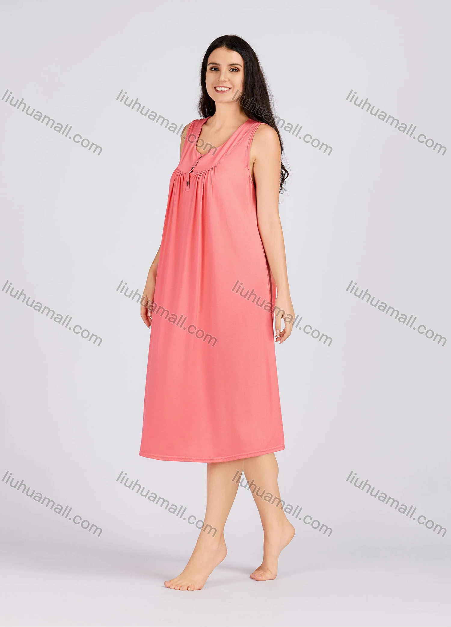 Wholesale Women's Casual Plain Ruched Button Front Scoop Neck Tank Midi Nightgown 1132# - Liuhuamall