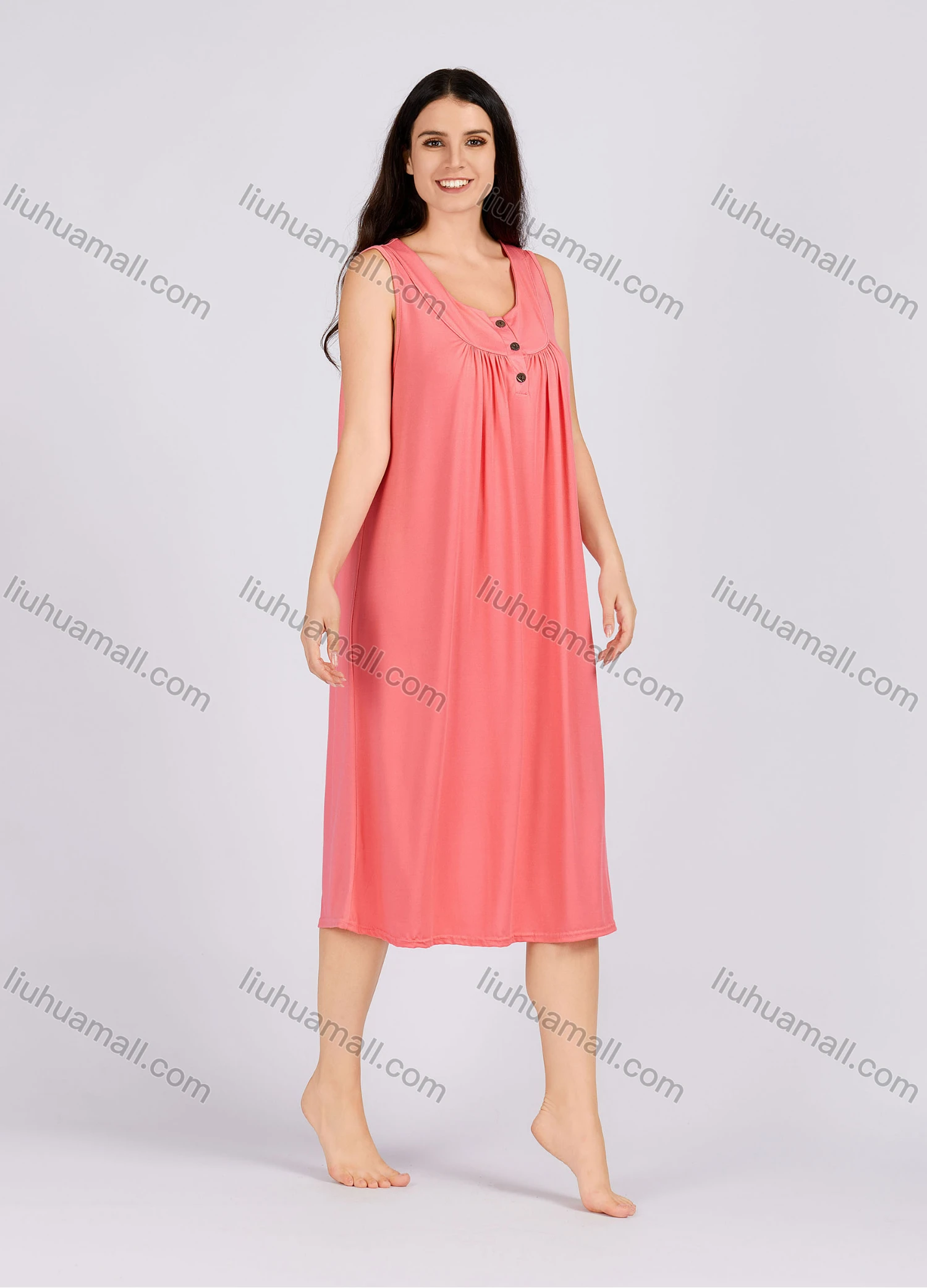 Wholesale Women's Casual Plain Ruched Button Front Scoop Neck Tank Midi Nightgown 1132# - Liuhuamall