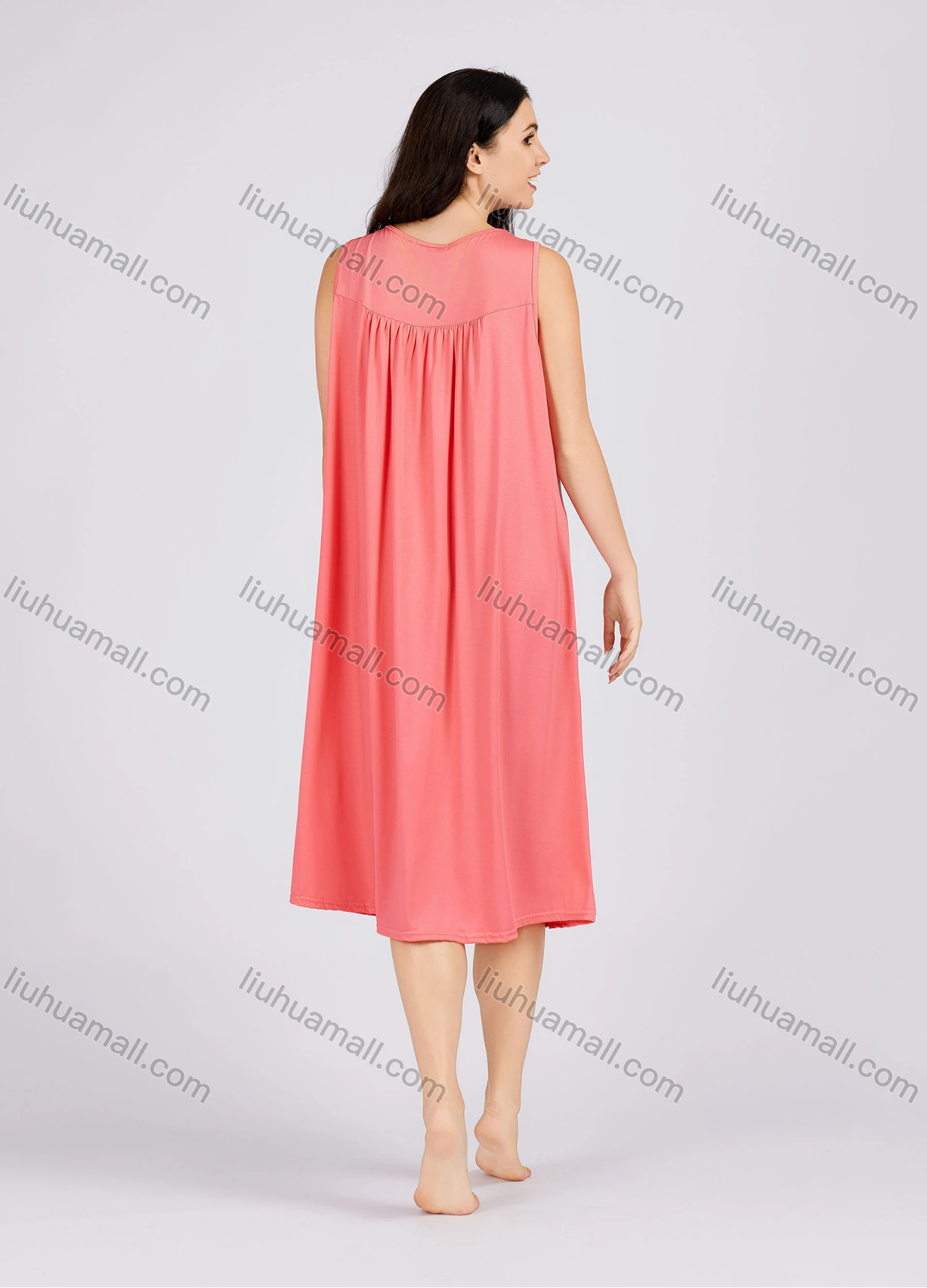 Wholesale Women's Casual Plain Ruched Button Front Scoop Neck Tank Midi Nightgown 1132# - Liuhuamall