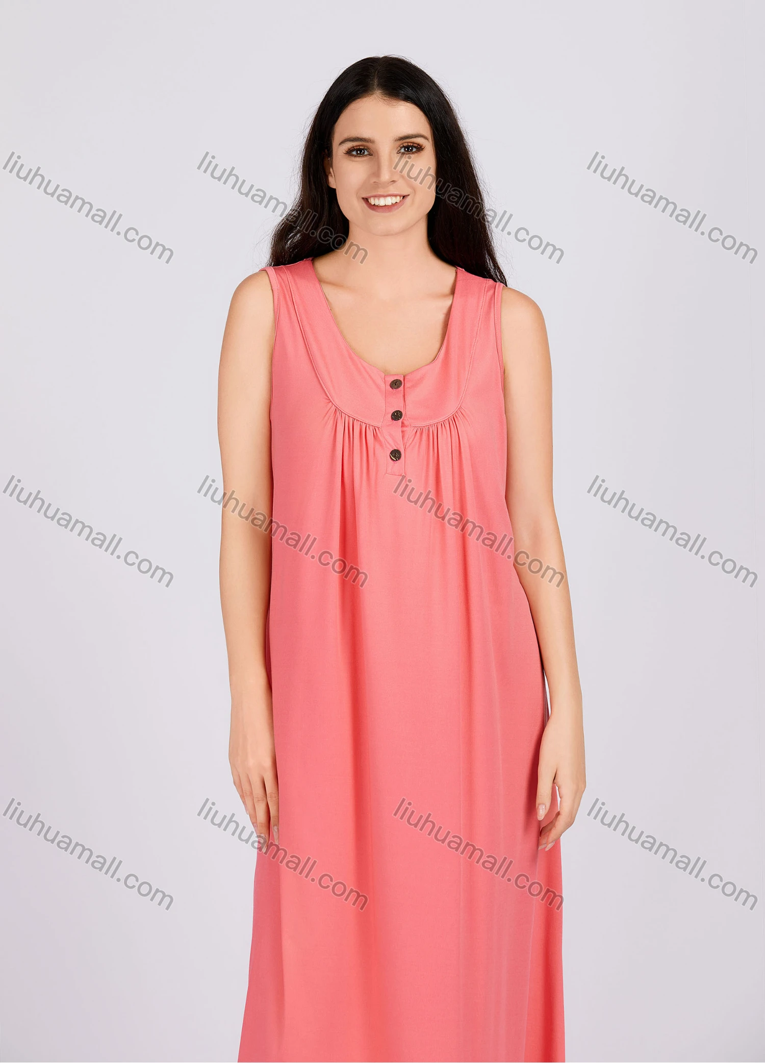 Wholesale Women's Casual Plain Ruched Button Front Scoop Neck Tank Midi Nightgown 1132# - Liuhuamall