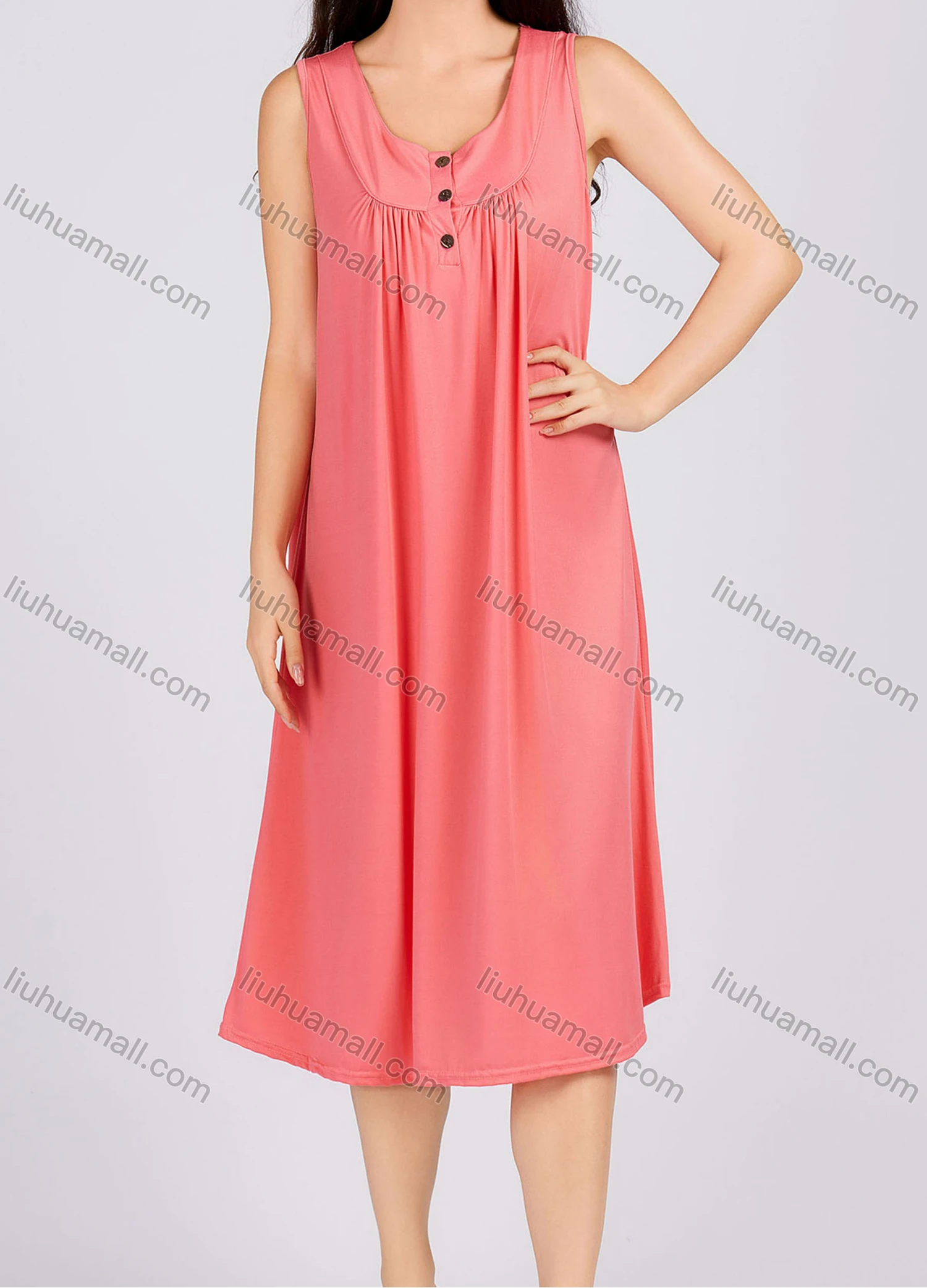 Wholesale Women's Casual Plain Ruched Button Front Scoop Neck Tank Midi Nightgown 1132# - Liuhuamall