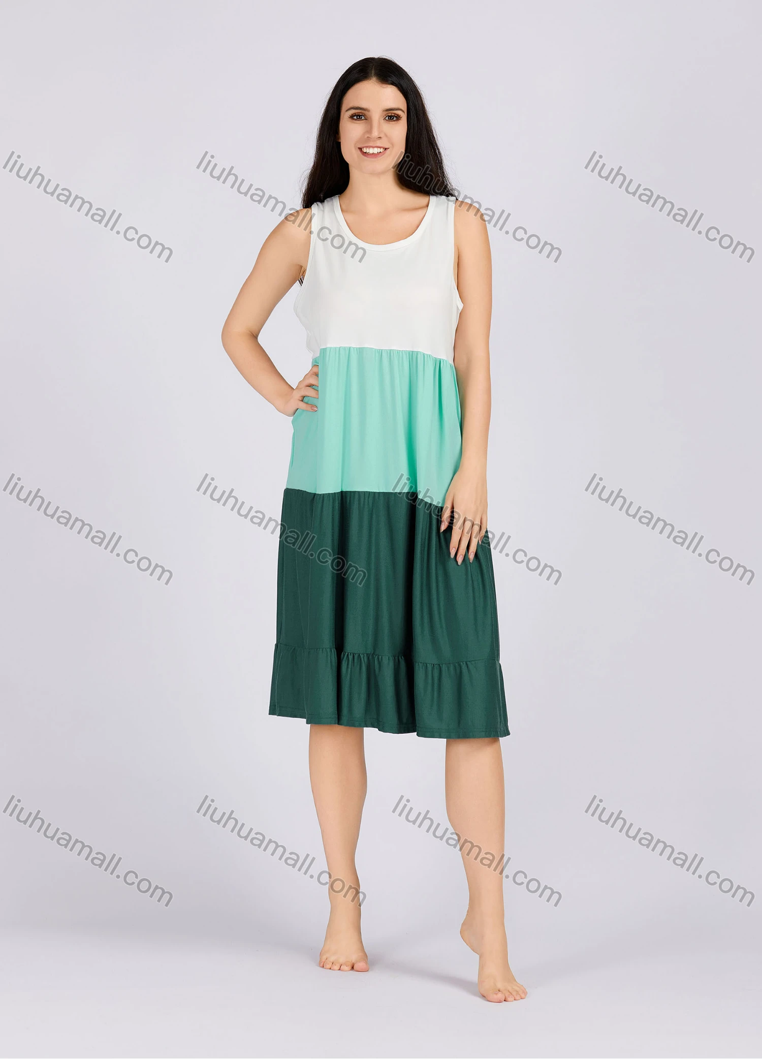 Wholesale Women's Casual Ruched Splicing Colorblock Scoop Neck Ruffle Hem Tank Night Dress 1010# - Liuhuamall