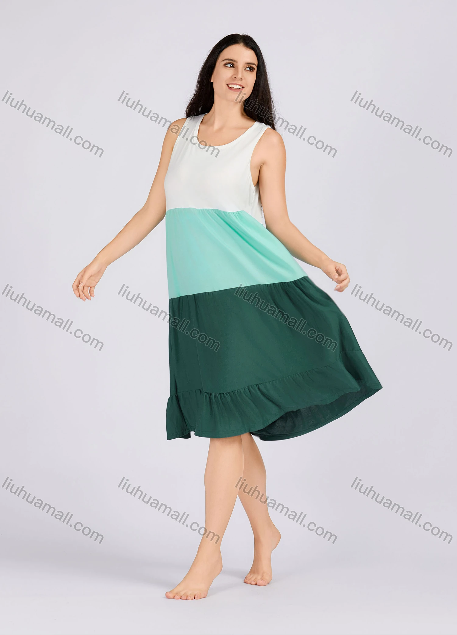 Wholesale Women's Casual Ruched Splicing Colorblock Scoop Neck Ruffle Hem Tank Night Dress 1010# - Liuhuamall