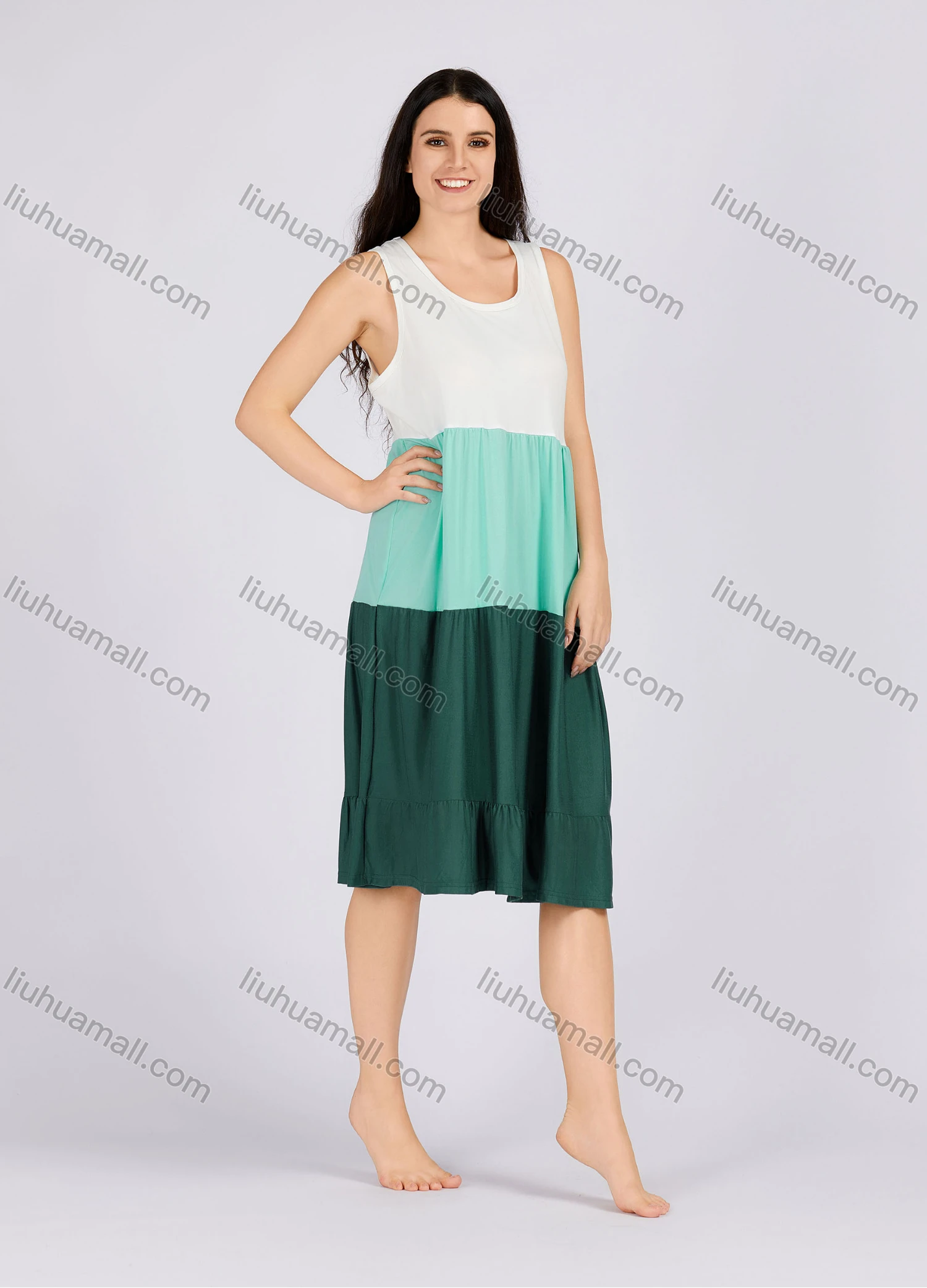 Wholesale Women's Casual Ruched Splicing Colorblock Scoop Neck Ruffle Hem Tank Night Dress 1010# - Liuhuamall