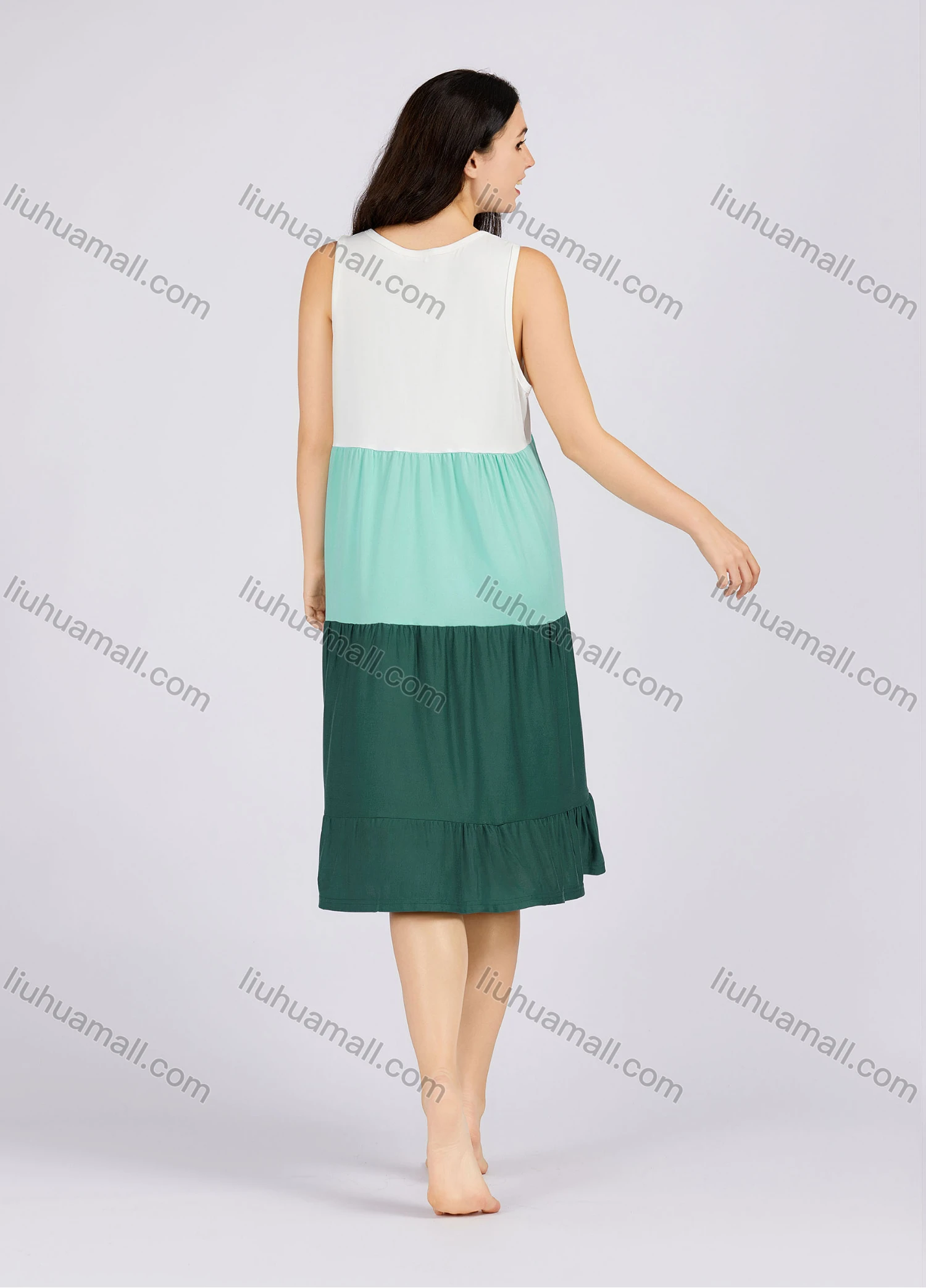 Wholesale Women's Casual Ruched Splicing Colorblock Scoop Neck Ruffle Hem Tank Night Dress 1010# - Liuhuamall