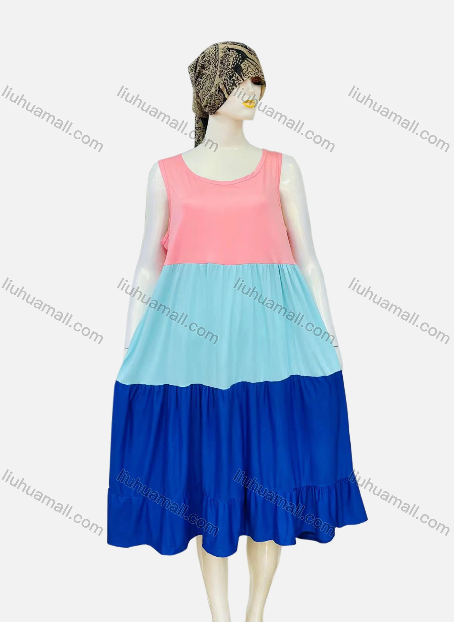 Wholesale Women's Casual Ruched Splicing Colorblock Scoop Neck Ruffle Hem Tank Night Dress 1010# - Liuhuamall