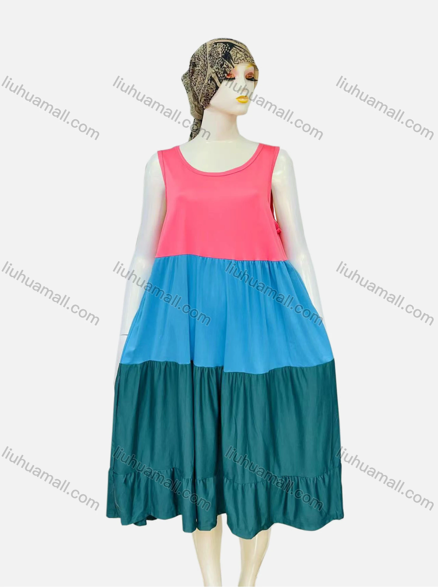 Wholesale Women's Casual Ruched Splicing Colorblock Scoop Neck Ruffle Hem Tank Night Dress 1010# - Liuhuamall