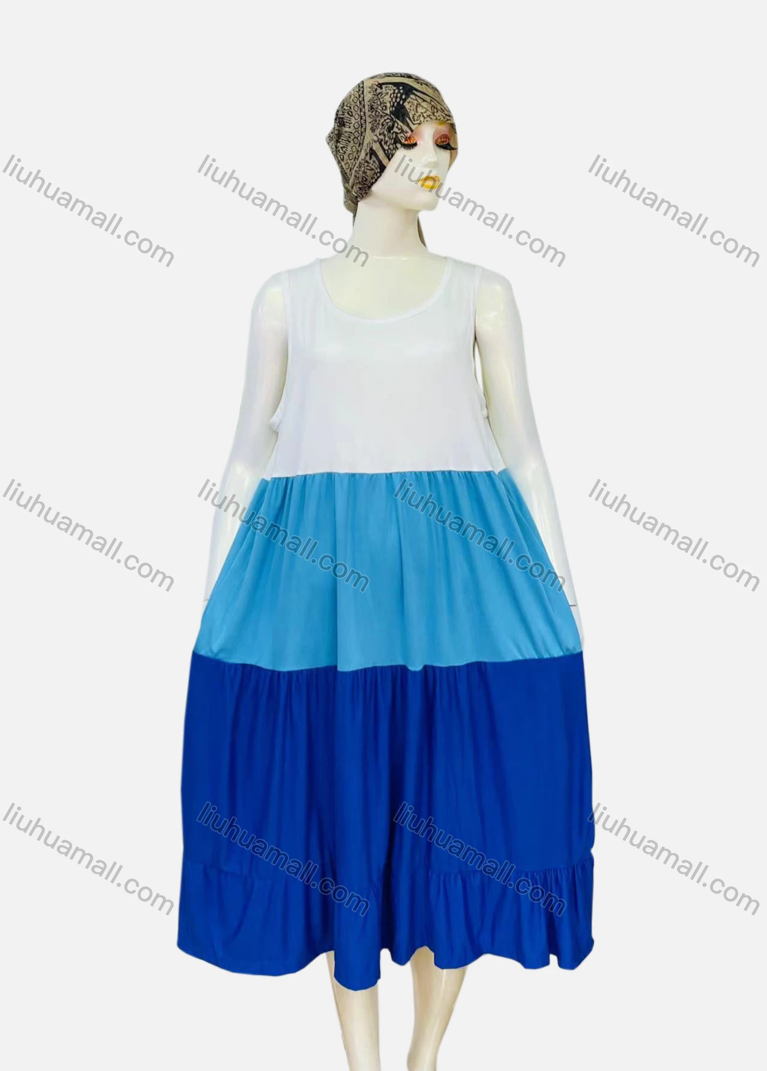 Wholesale Women's Casual Ruched Splicing Colorblock Scoop Neck Ruffle Hem Tank Night Dress 1010# - Liuhuamall