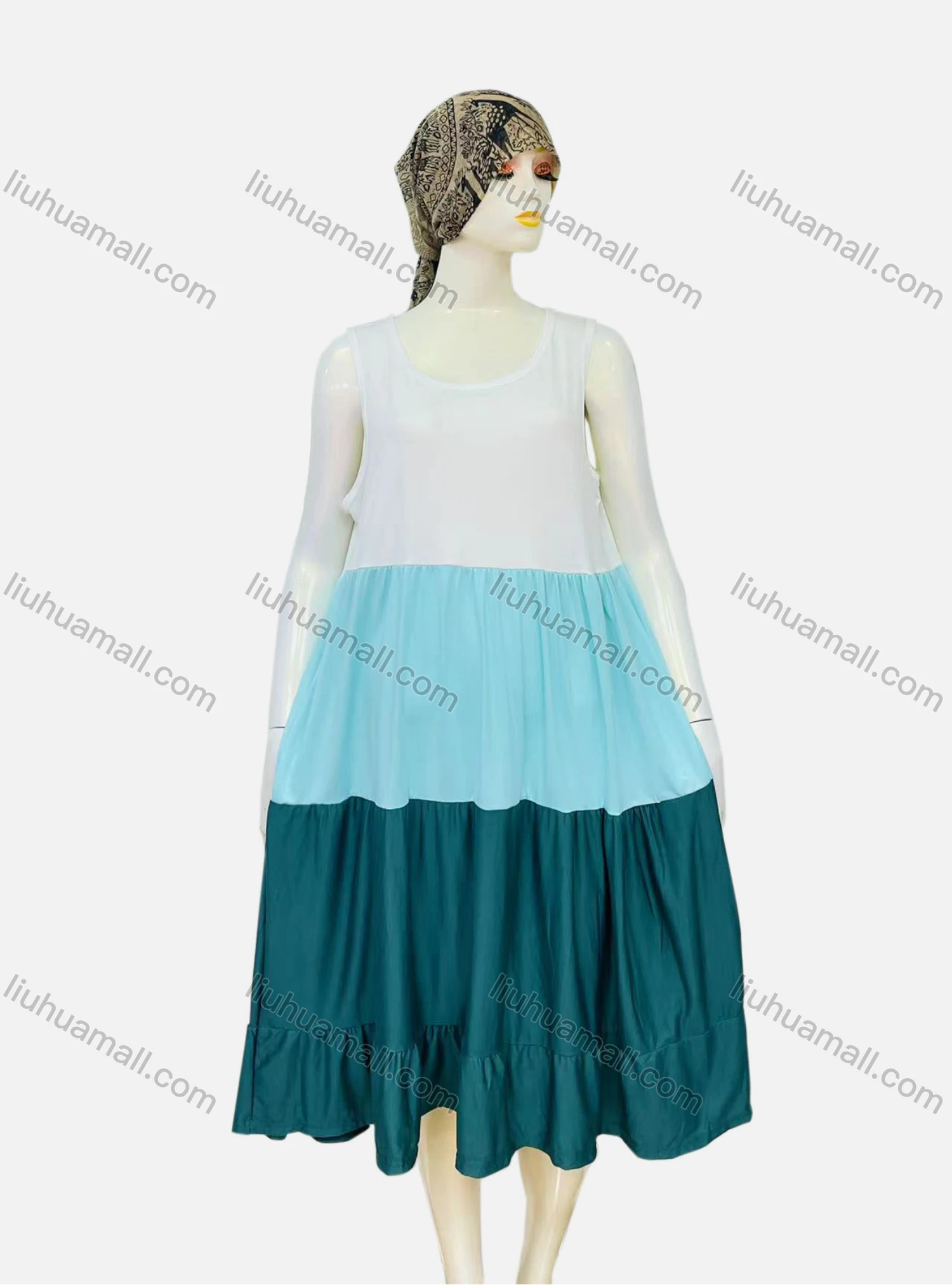 Wholesale Women's Casual Ruched Splicing Colorblock Scoop Neck Ruffle Hem Tank Night Dress 1010# - Liuhuamall