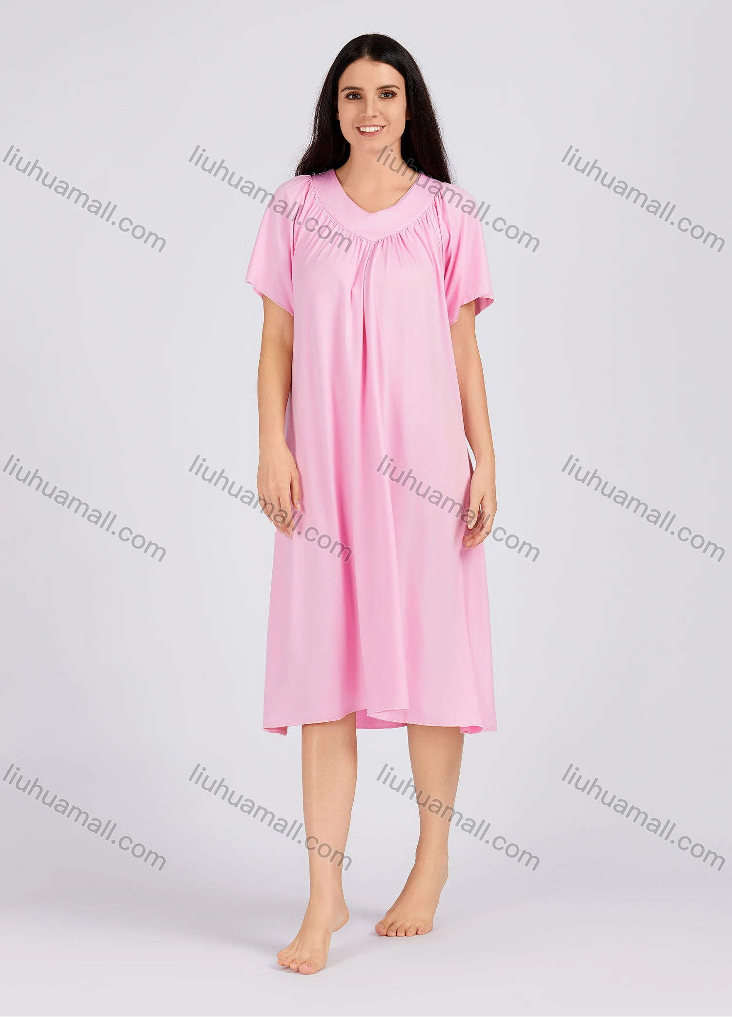 Wholesale Women's Casual Ruched Plain V Neck Short Sleeve Midi Nightgown 1153# - Liuhuamall