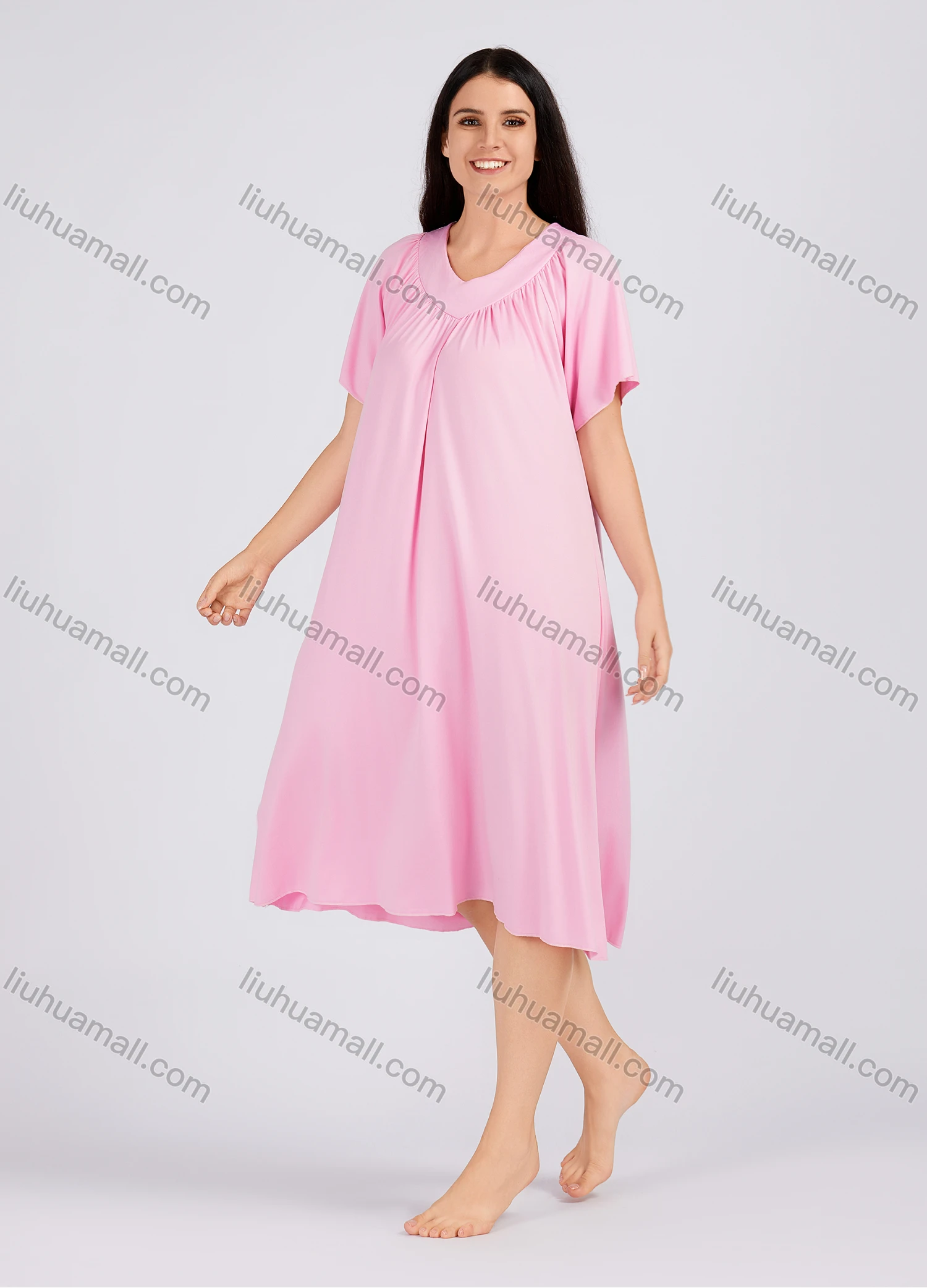 Wholesale Women's Casual Ruched Plain V Neck Short Sleeve Midi Nightgown 1153# - Liuhuamall