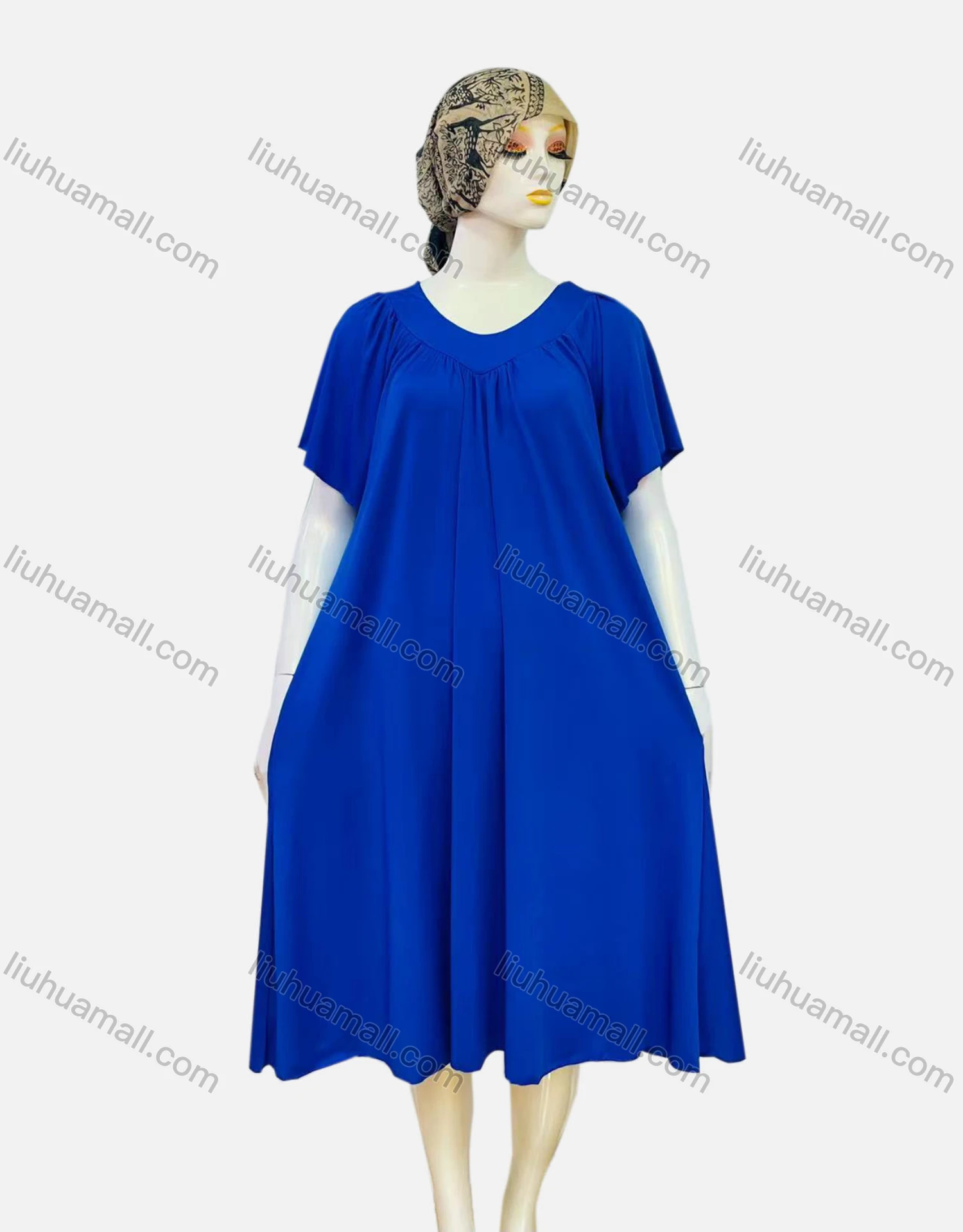 Wholesale Women's Casual Ruched Plain V Neck Short Sleeve Midi Nightgown 1153# - Liuhuamall