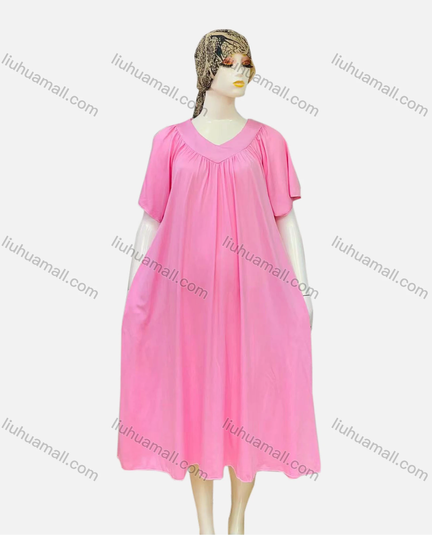 Wholesale Women's Casual Ruched Plain V Neck Short Sleeve Midi Nightgown 1153# - Liuhuamall