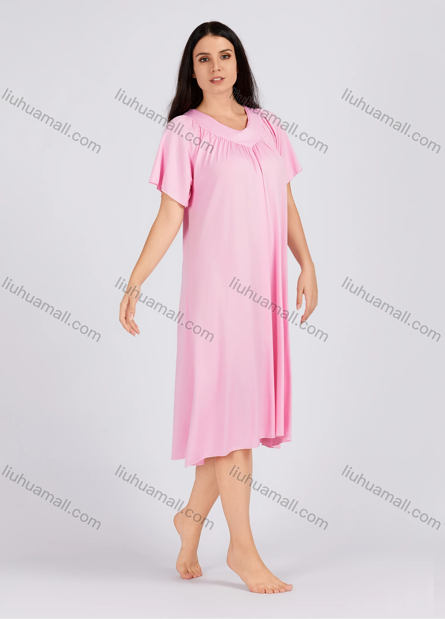 Wholesale Women's Casual Ruched Plain V Neck Short Sleeve Midi Nightgown 1153# - Liuhuamall