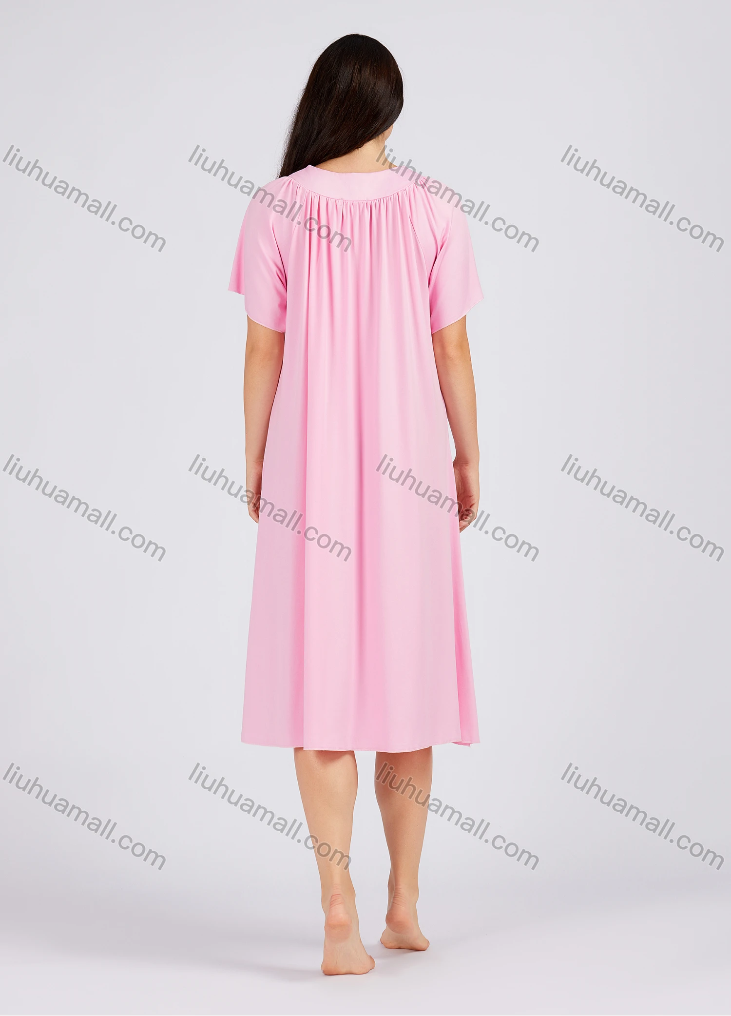 Wholesale Women's Casual Ruched Plain V Neck Short Sleeve Midi Nightgown 1153# - Liuhuamall