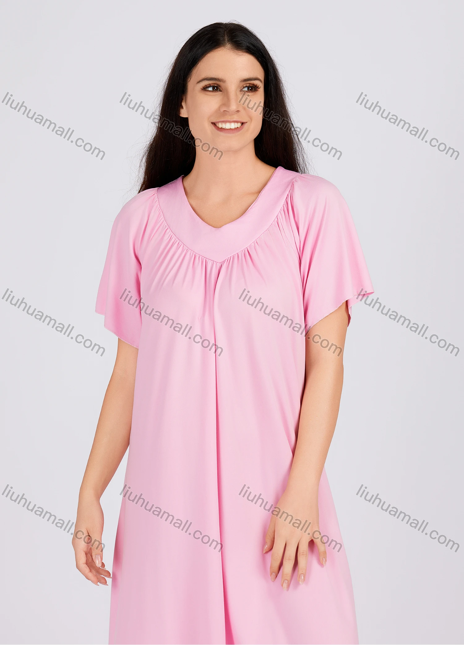 Wholesale Women's Casual Ruched Plain V Neck Short Sleeve Midi Nightgown 1153# - Liuhuamall