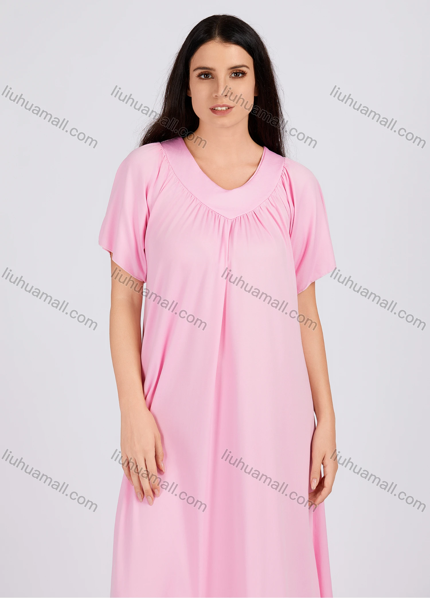 Wholesale Women's Casual Ruched Plain V Neck Short Sleeve Midi Nightgown 1153# - Liuhuamall