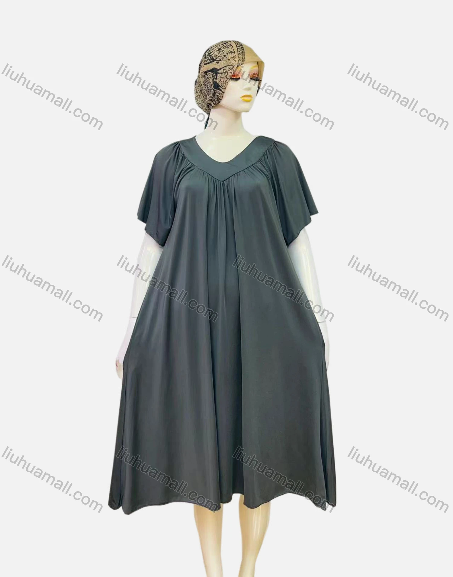 Wholesale Women's Casual Ruched Plain V Neck Short Sleeve Midi Nightgown 1153# - Liuhuamall