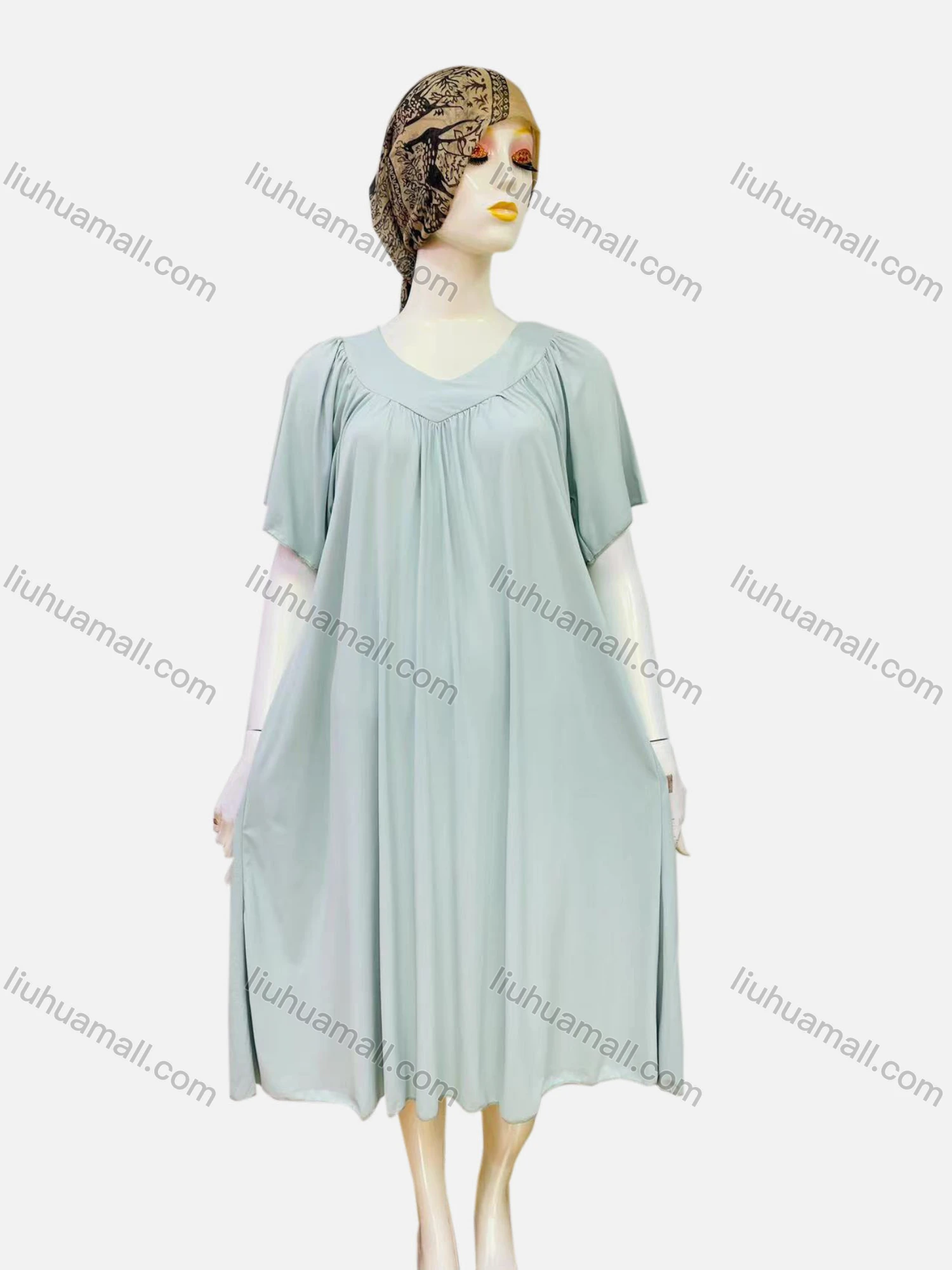 Wholesale Women's Casual Ruched Plain V Neck Short Sleeve Midi Nightgown 1153# - Liuhuamall