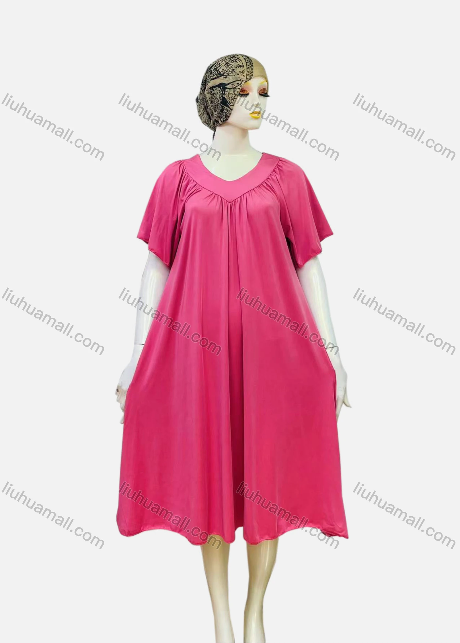 Wholesale Women's Casual Ruched Plain V Neck Short Sleeve Midi Nightgown 1153# - Liuhuamall