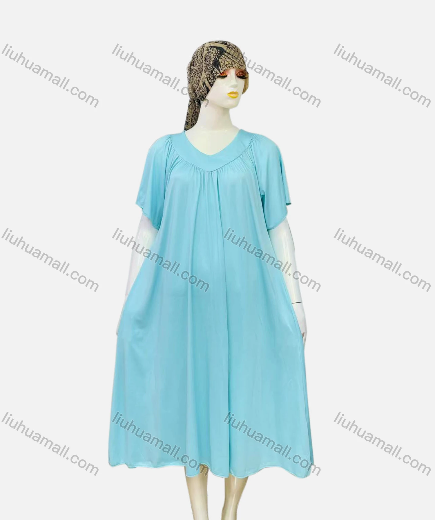 Wholesale Women's Casual Ruched Plain V Neck Short Sleeve Midi Nightgown 1153# - Liuhuamall