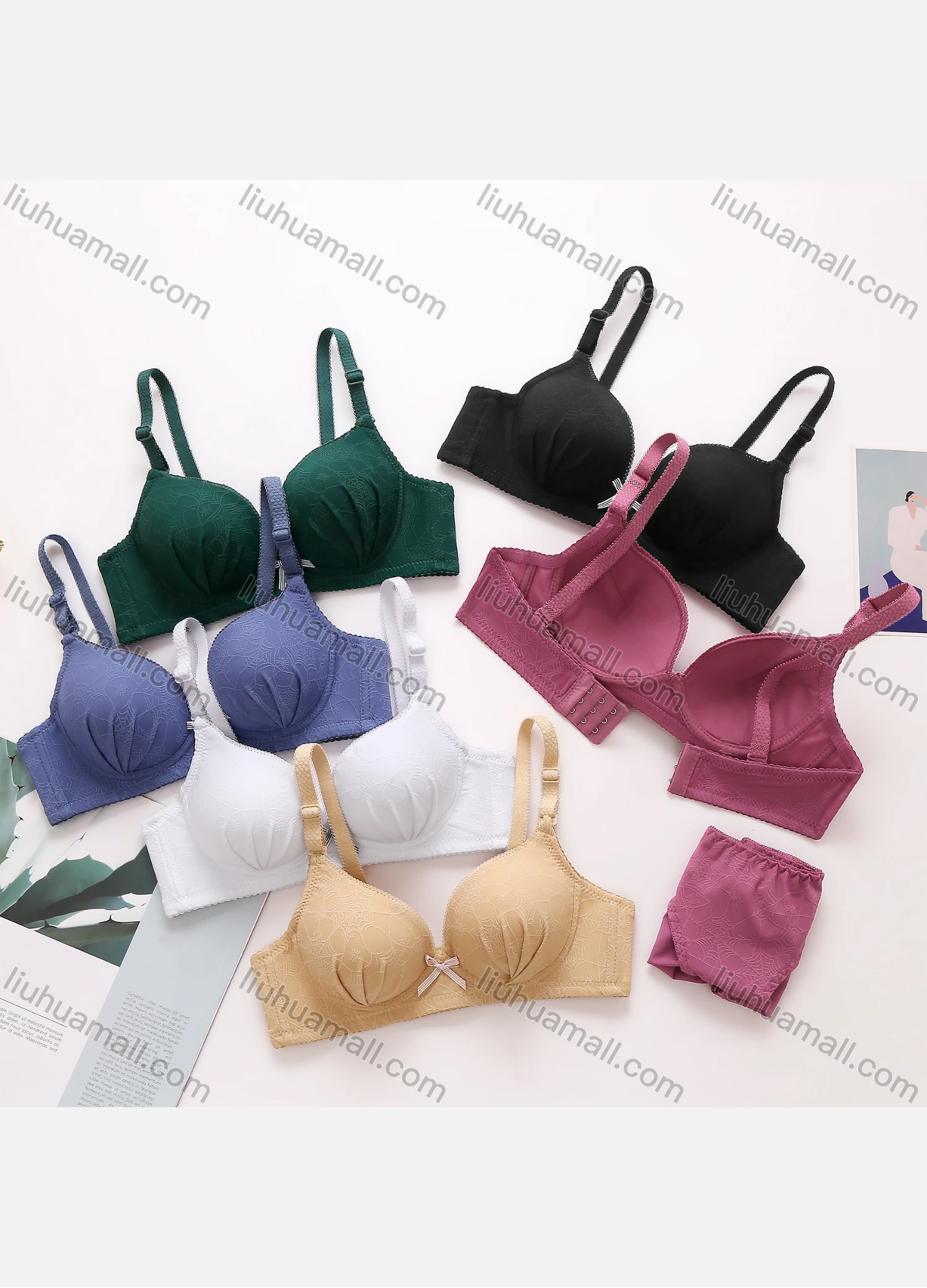Wholesale Women's Plain Allover Print Plunge Adjustable Strap Bra & Briefs 2 Piece Underwear Set 8608# - Liuhuamall