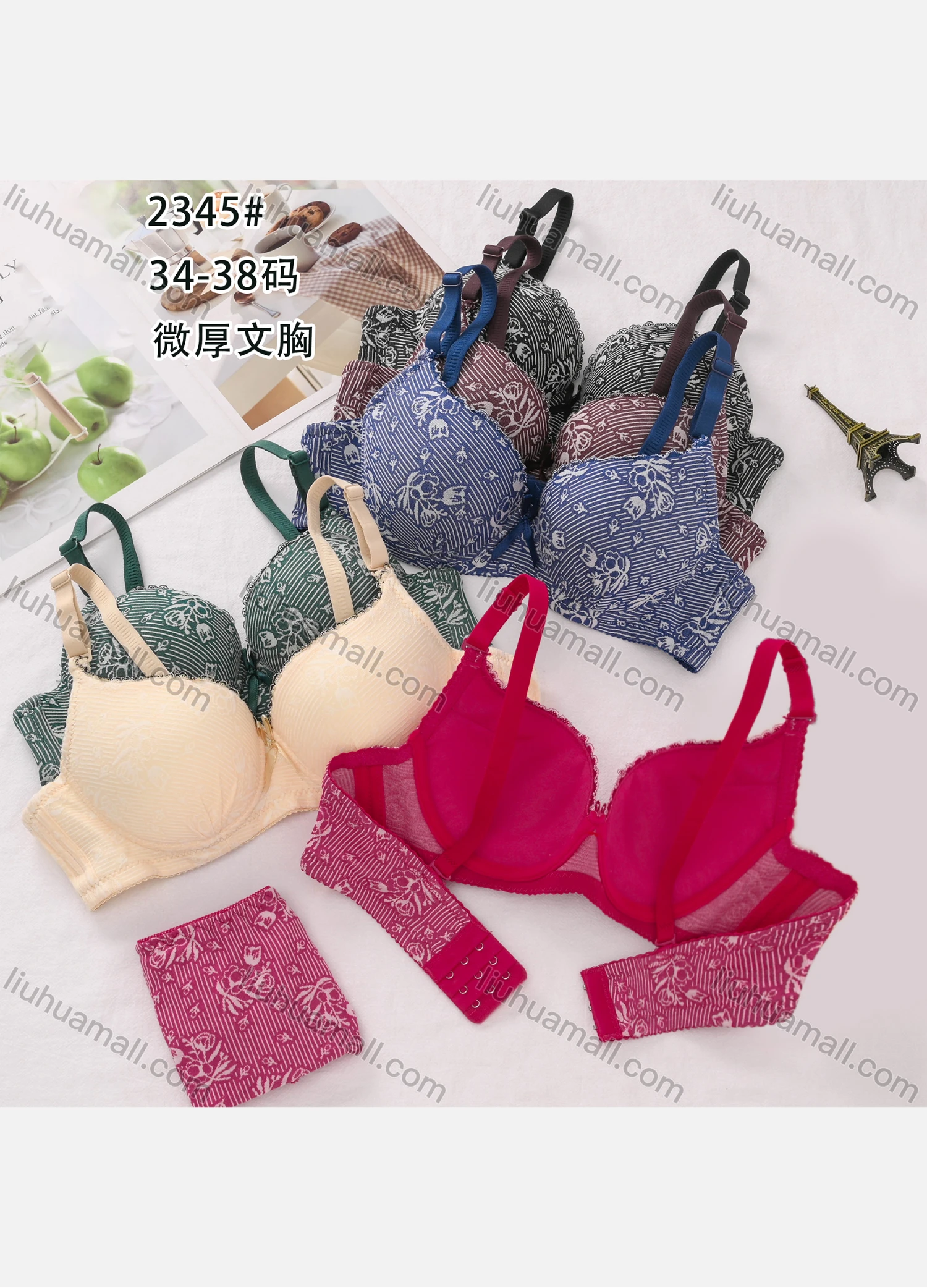 Wholesale Women's Allover Print Lace Trim Push Up Adjustable Strap Bra & Briefs 2 Piece Underwear Set 2345# - Liuhuamall