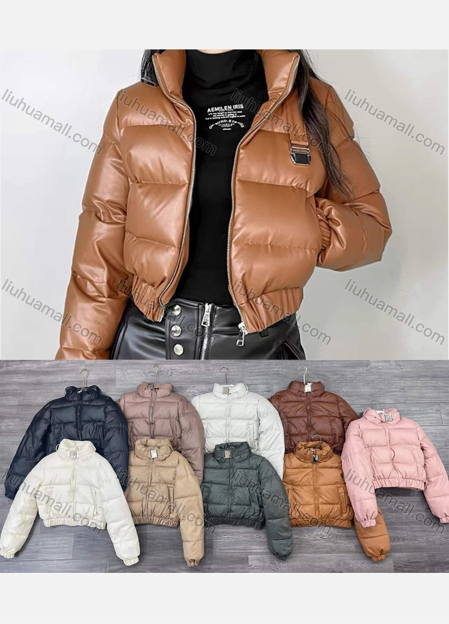 Wholesale Women's Casual Stand Collar Plain Zipper Thermal Crop Puffer Coat 865# - Liuhuamall