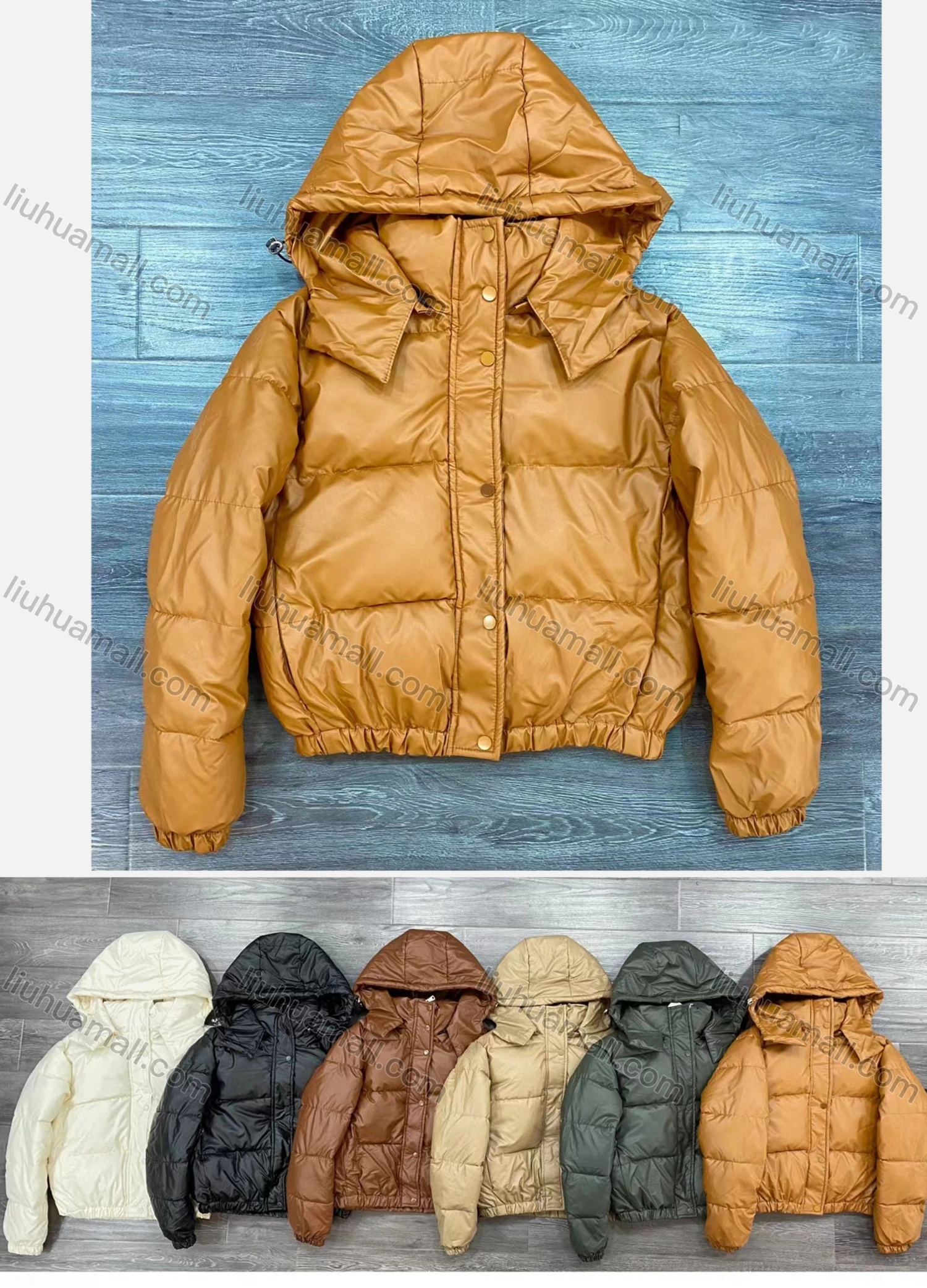 Wholesale Women's Casual Plain Button Down Hooded Thermal Crop Puffer Coat 8871# - Liuhuamall