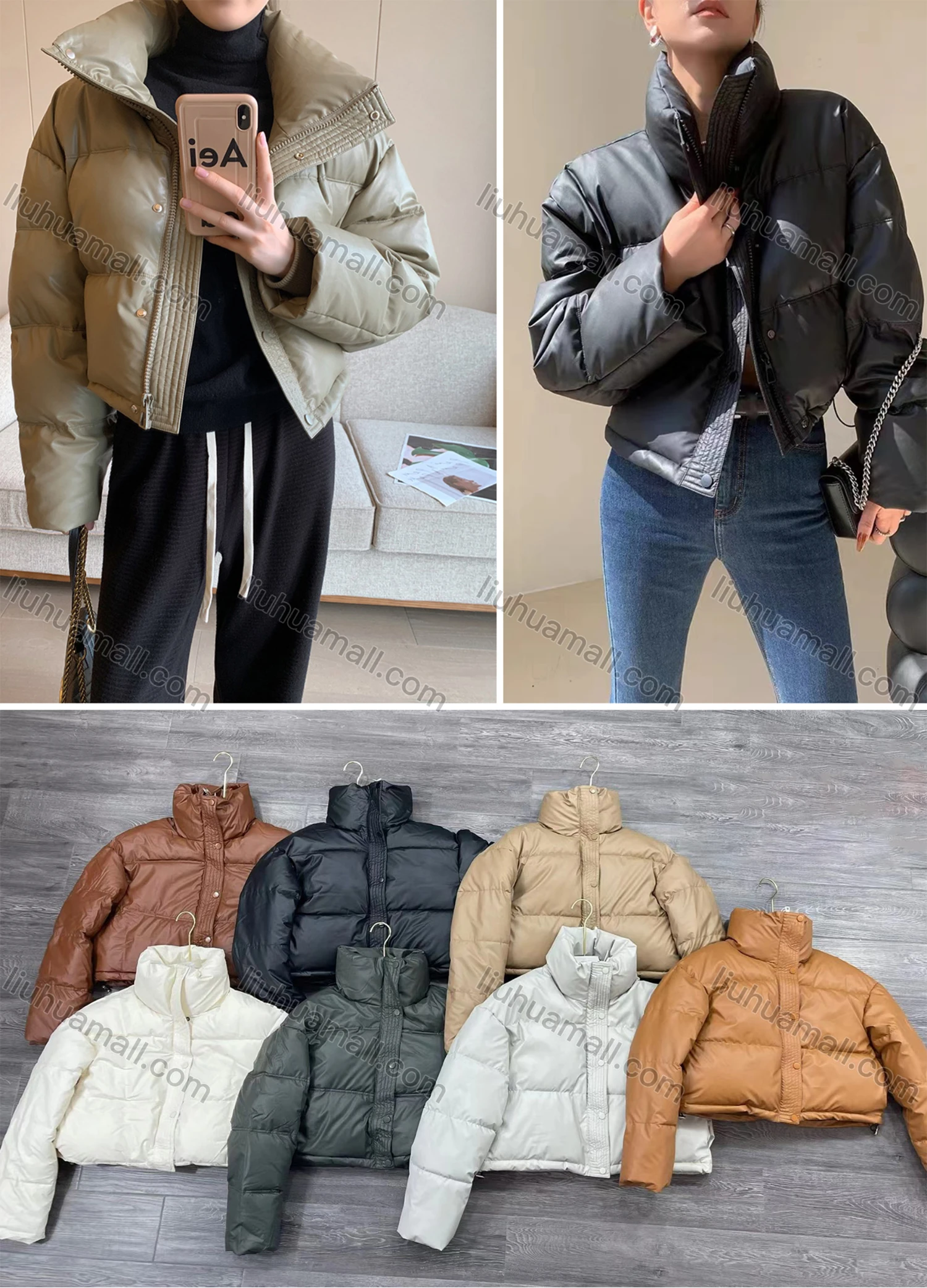 Wholesale Women's Casual Stand Collar Plain Zipper Thermal Crop Puffer Coat 861# - Liuhuamall