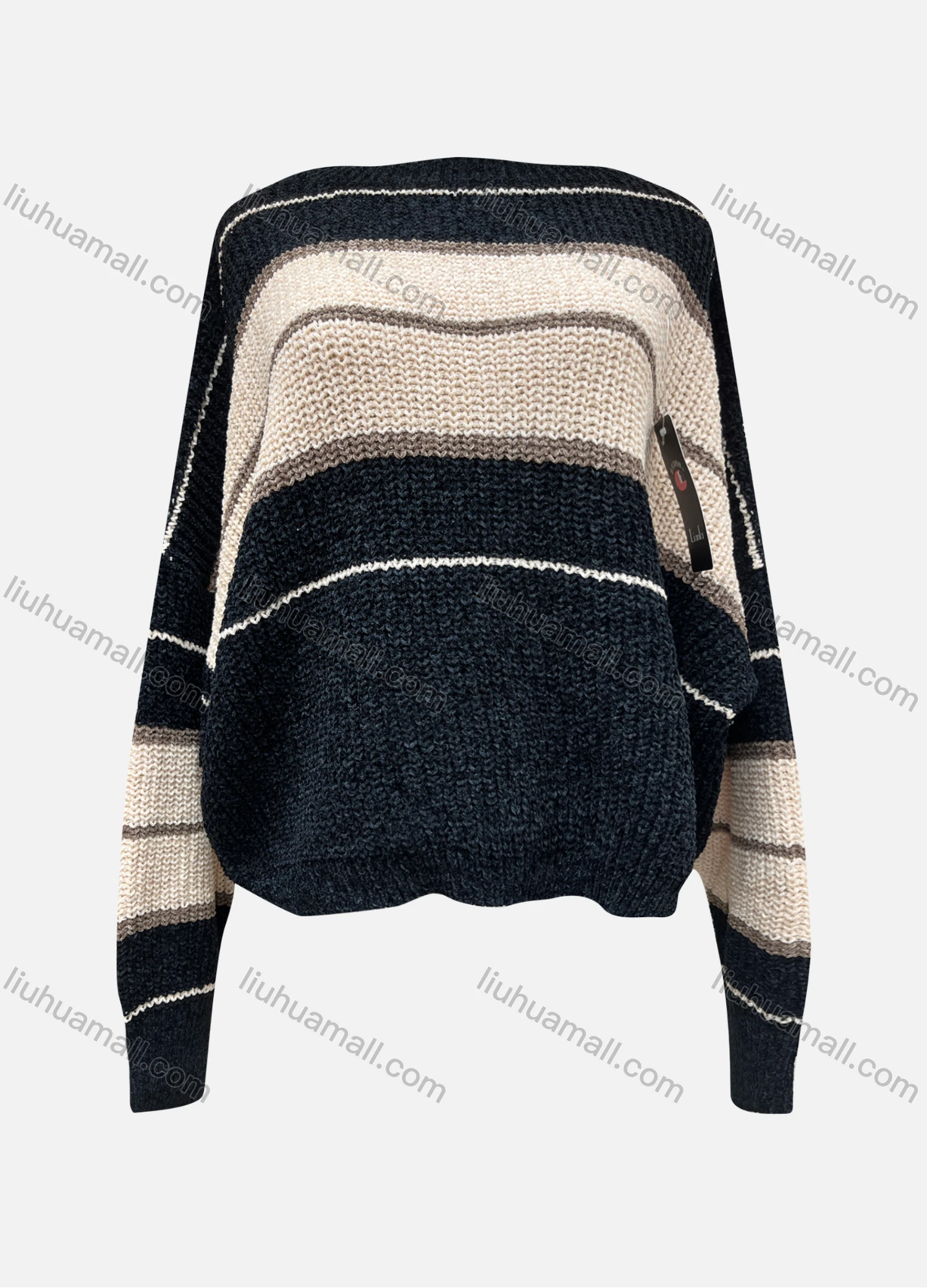 Wholesale Women's Casual Crew Neck Extra Long Sleeve Colorblock Striped Knitted Sweater X2801# - Liuhuamall