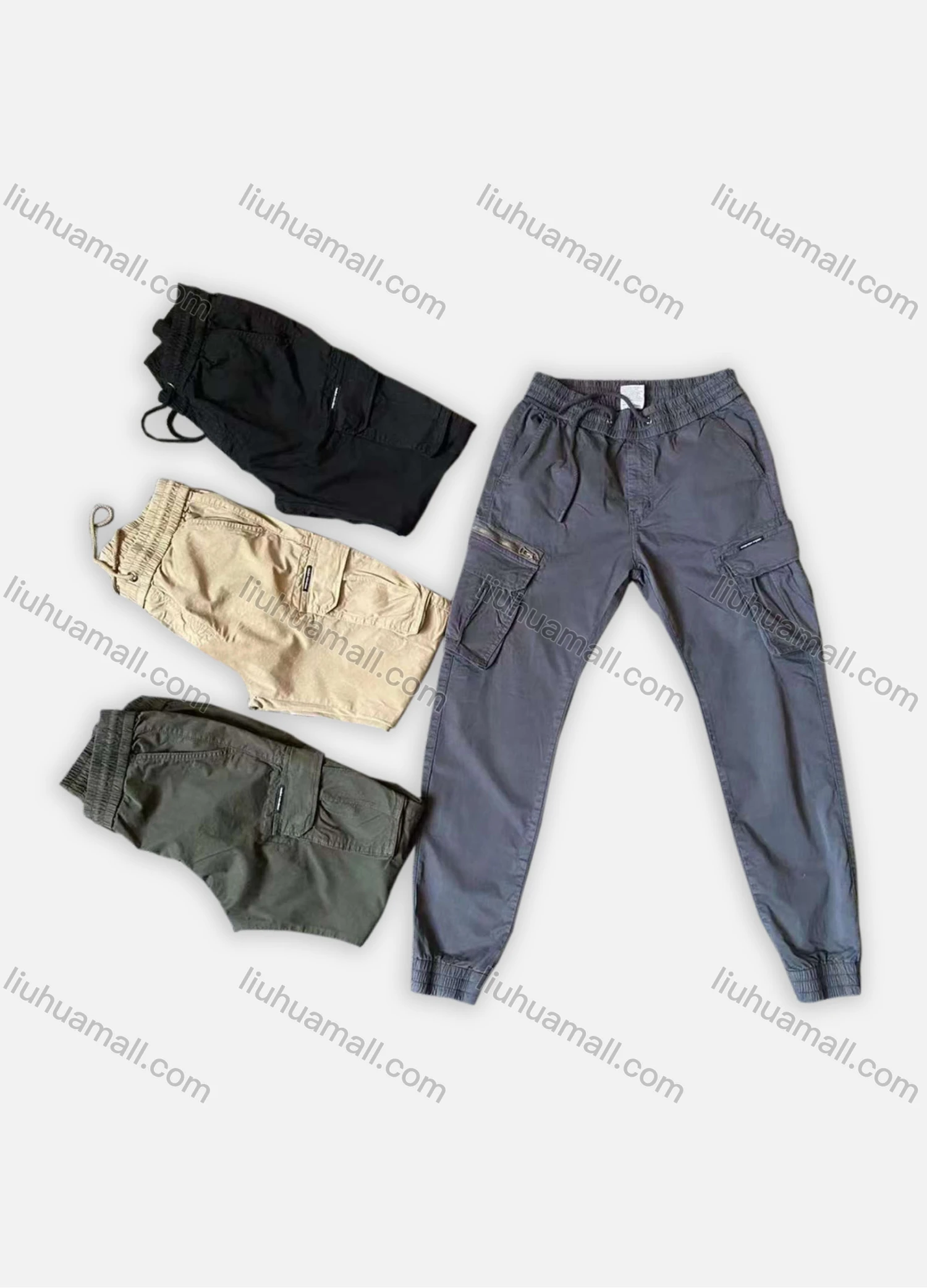 Wholesale Men's Casual Multiple Pockets Drawstring Elastic Waist Plain Cargo Pants 6621# - Liuhuamall