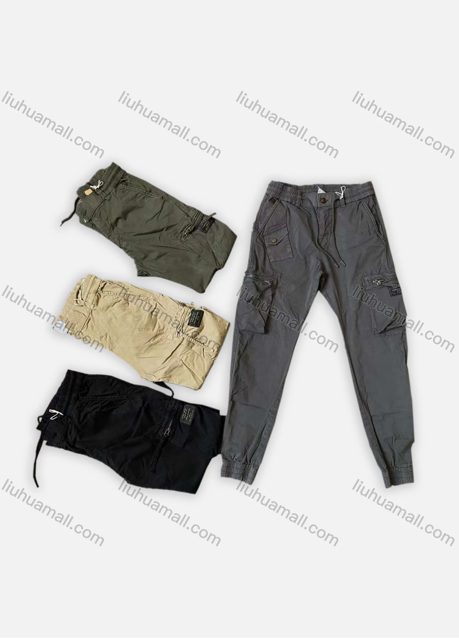Wholesale Men's Casual Multiple Pockets Elastic Waist Plain Cargo Pants 658# - Liuhuamall