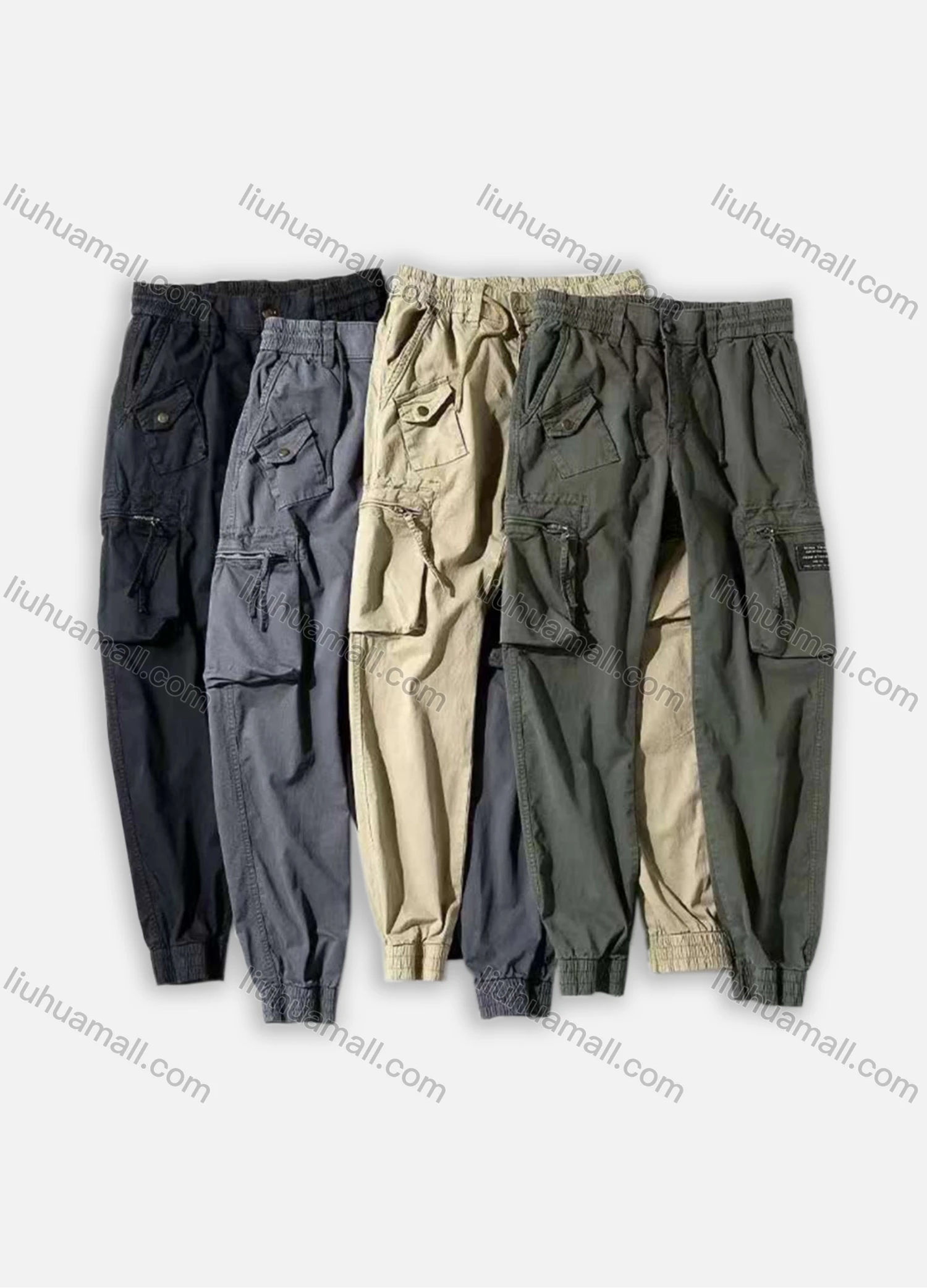 Wholesale Men's Casual Multiple Pockets Elastic Waist Plain Cargo Pants 658# - Liuhuamall