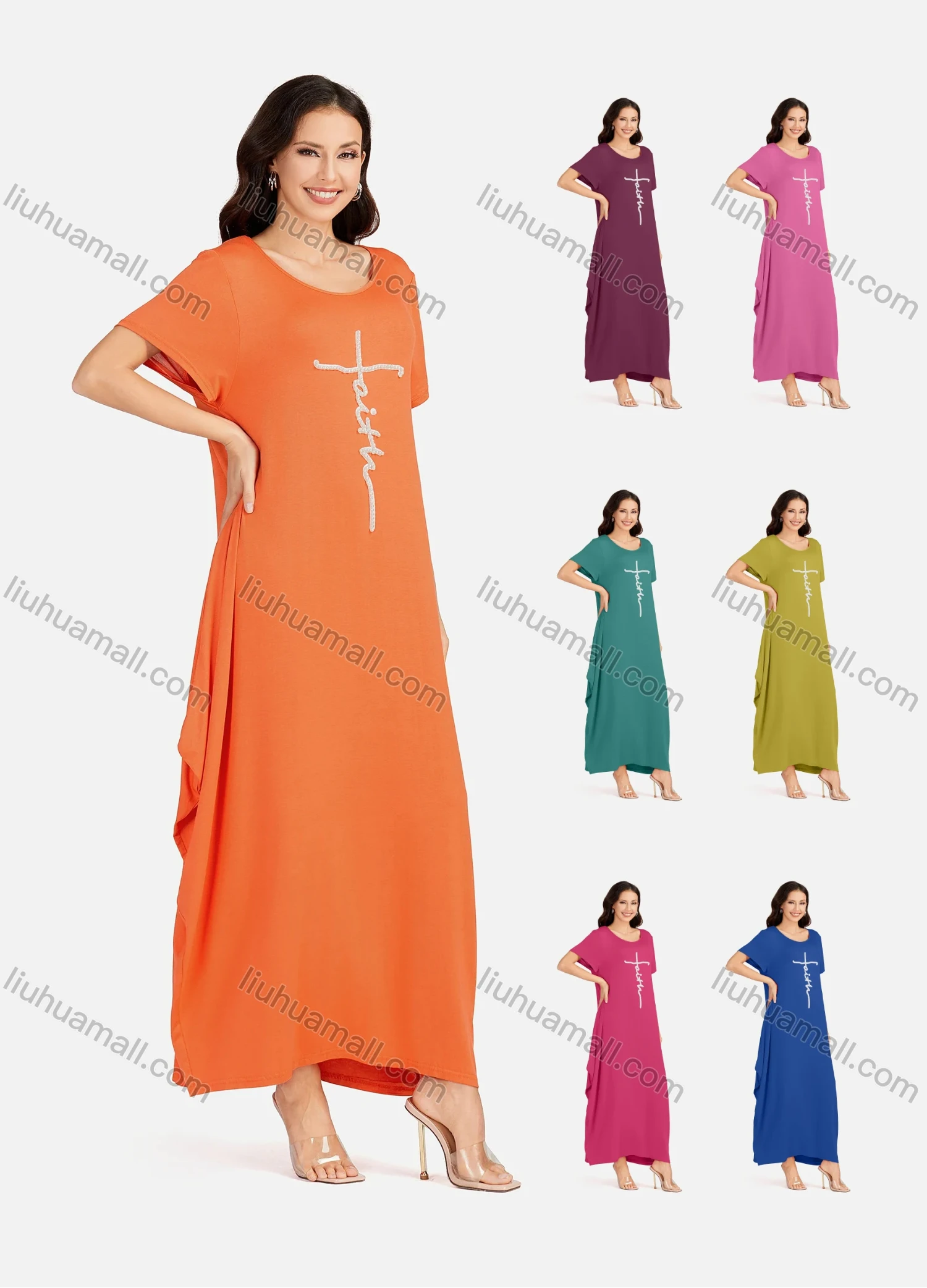 Wholesale Women's African Crew Neck Letter Pearl Decor Short Sleeve Loose Fit Dress 8801# - Liuhuamall