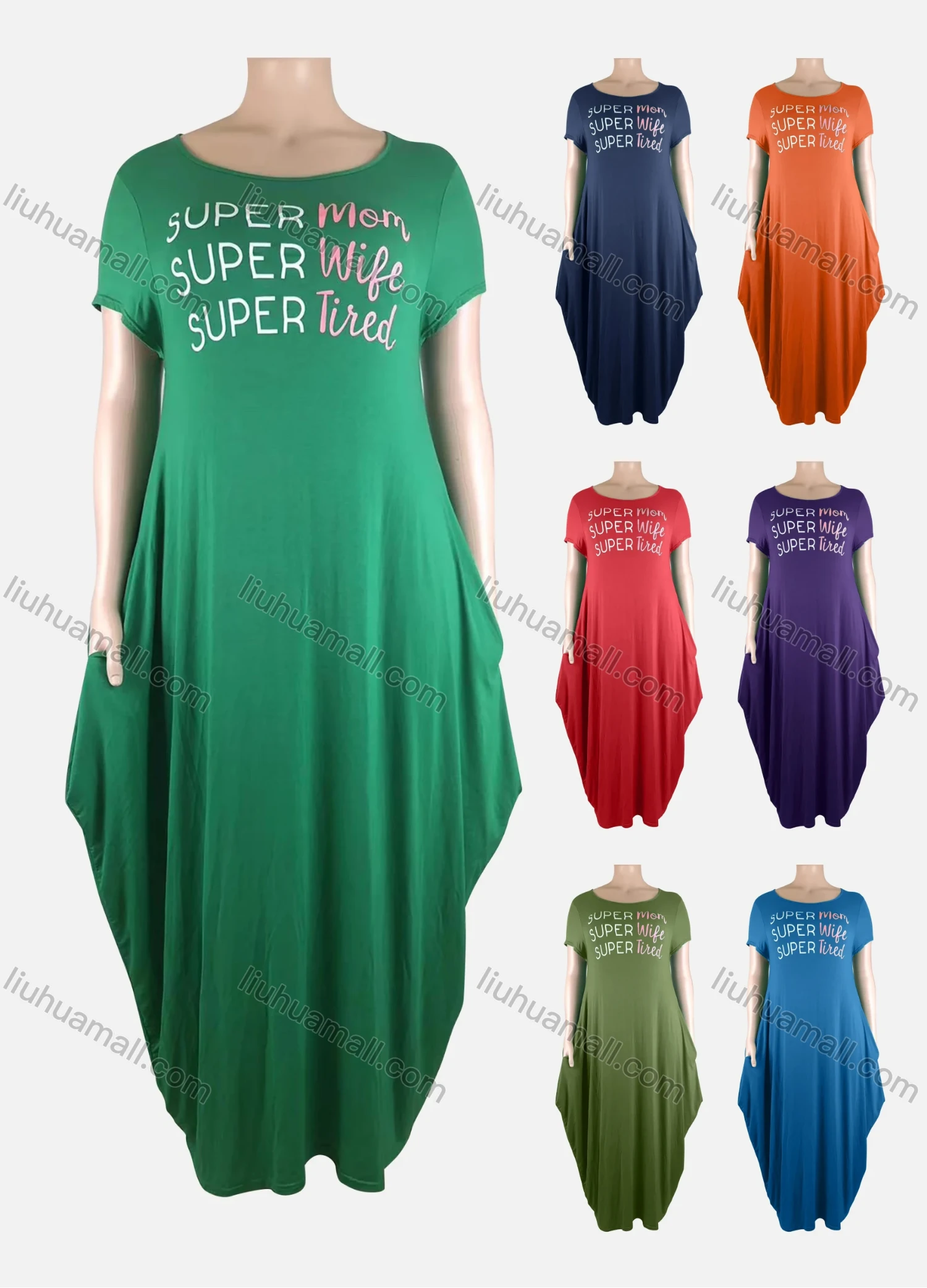 Wholesale Women's African Crew Neck Letter Short Sleeve Pockets Loose Fit Maxi Dress 8803# - Liuhuamall