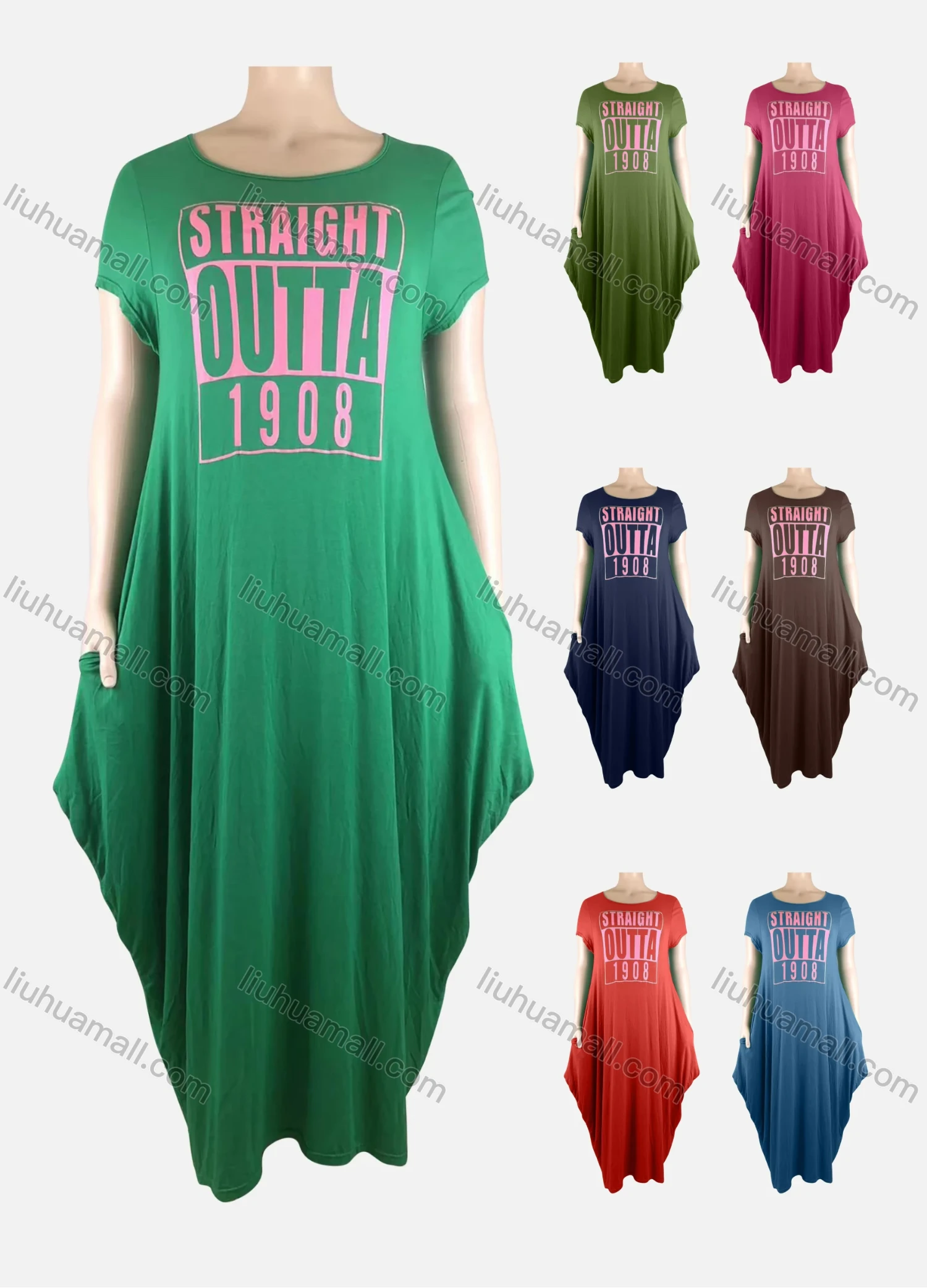 Wholesale Women's African Crew Neck Letter Short Sleeve Pockets Loose Fit Maxi Dress 8804# - Liuhuamall