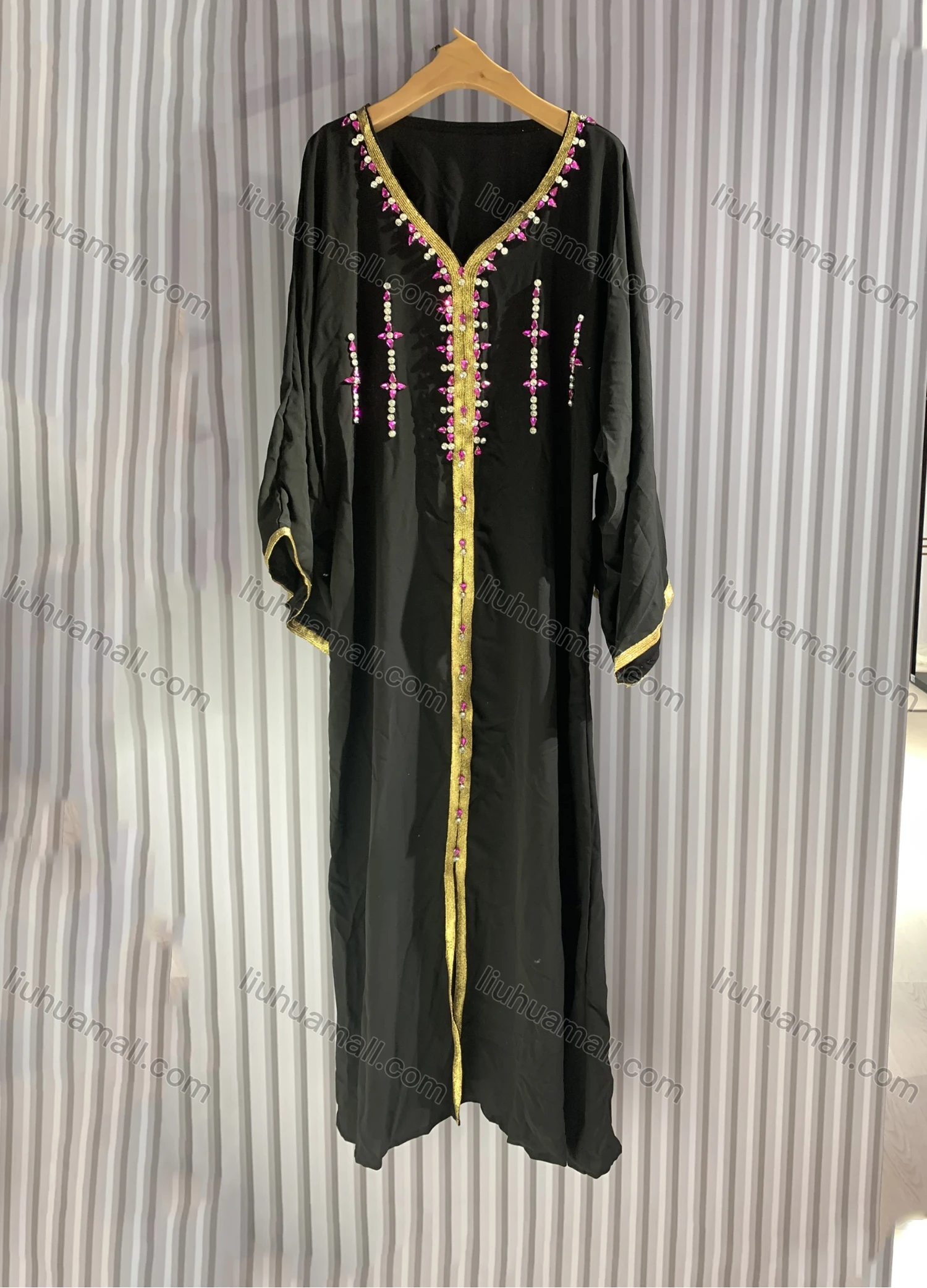 Wholesale Women's Casual Muslim Islamic V Neck Plain Rhinestone Decor Maxi Abaya Dress - Liuhuamall