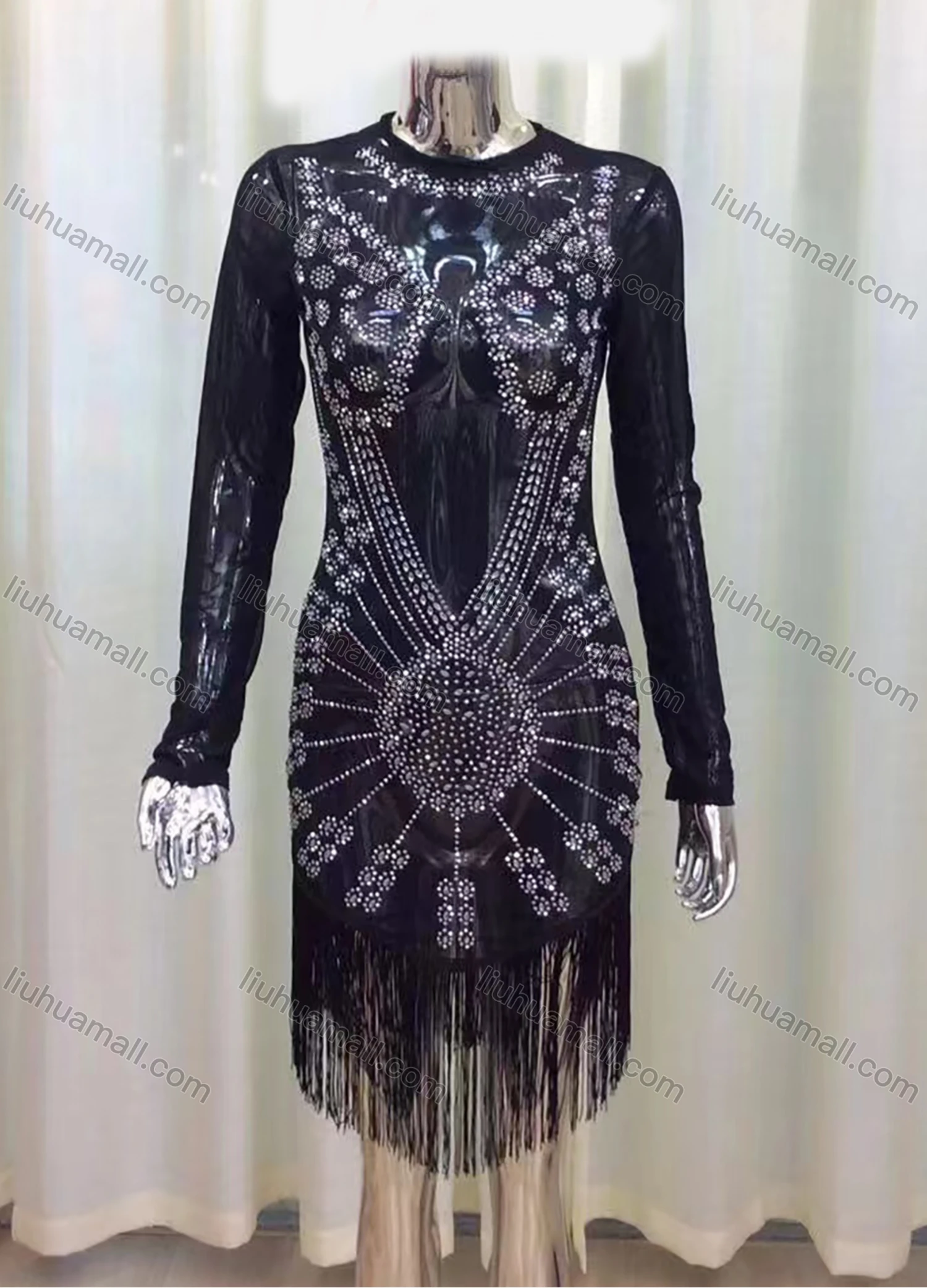 Wholesale Women's Round Neck Long Sleeve Rhinestone Decor Fringe Hem Midi Dress - Liuhuamall