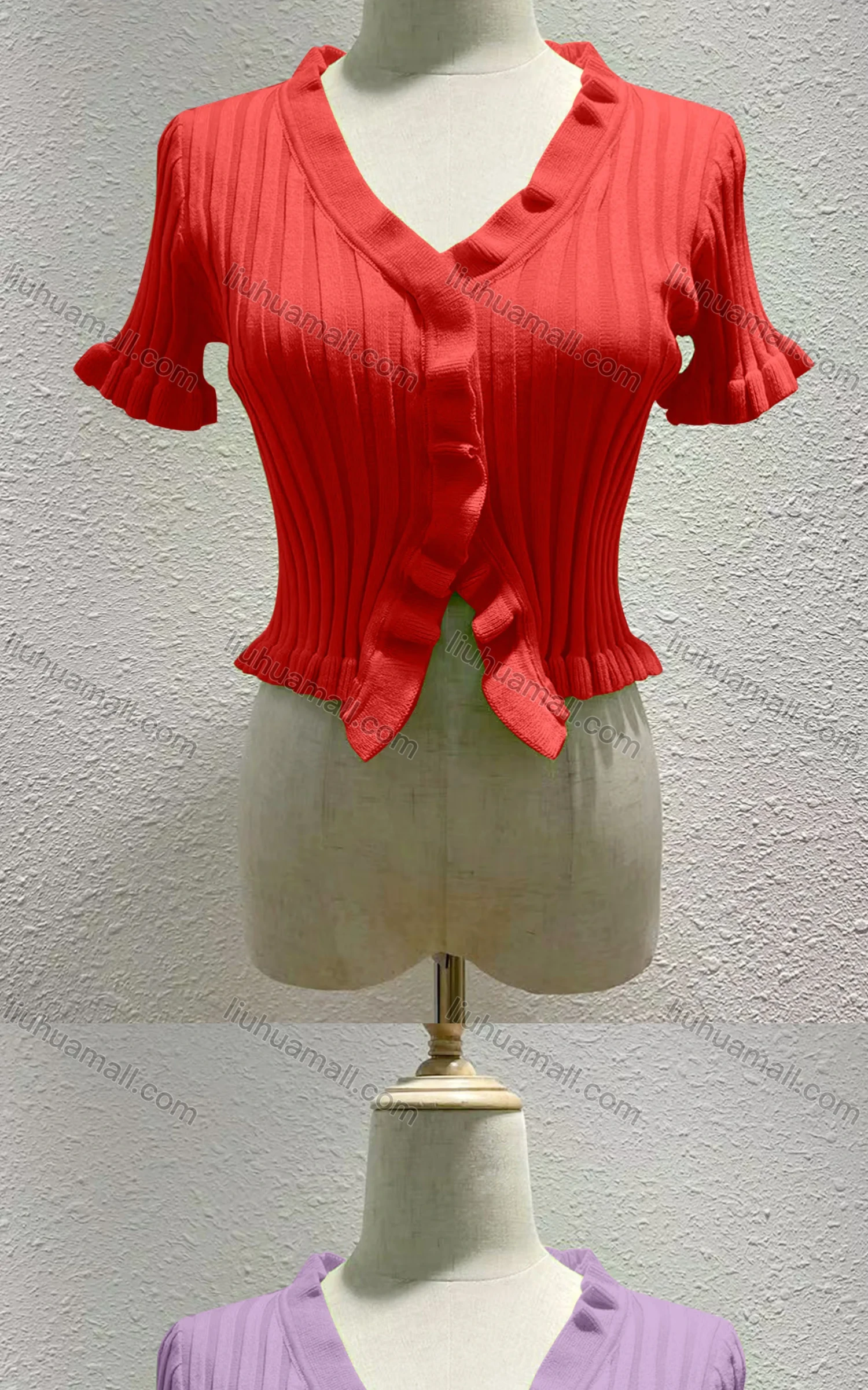 Wholesale Women's Casual Plain V Neck Short Sleeve Ruffle Trim Crop Top 8242# - Liuhuamall