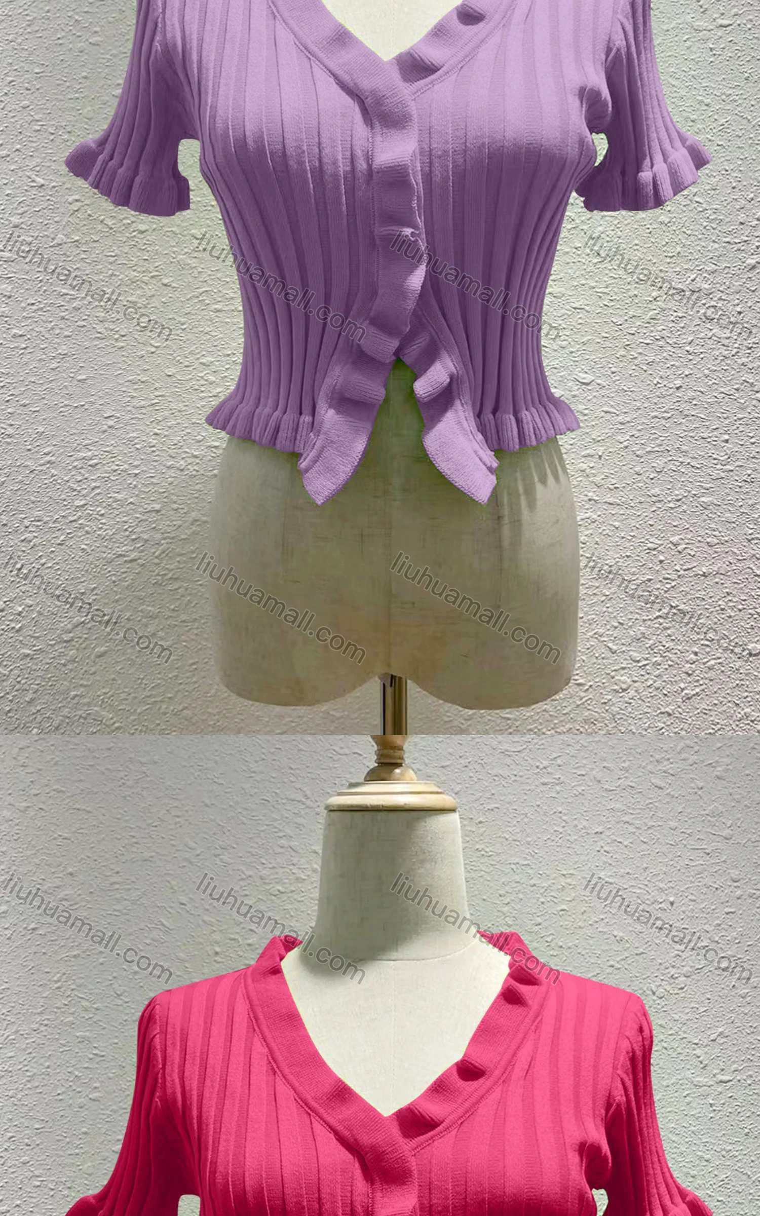 Wholesale Women's Casual Plain V Neck Short Sleeve Ruffle Trim Crop Top 8242# - Liuhuamall