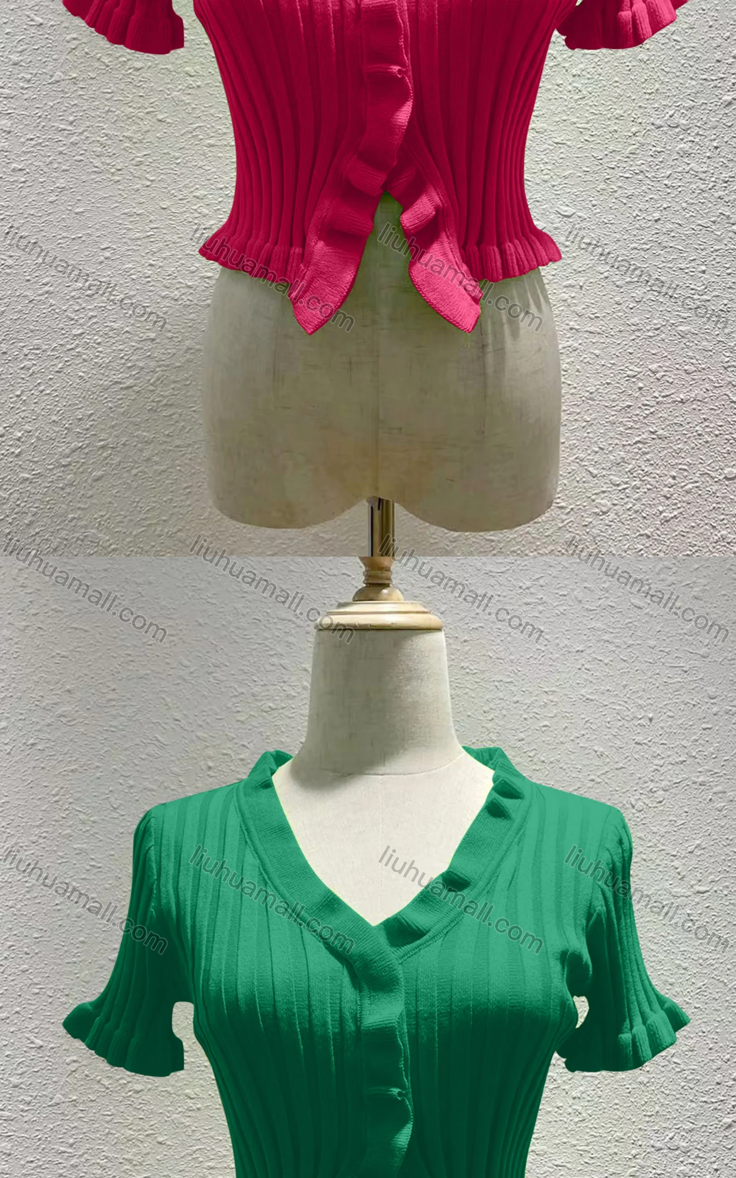 Wholesale Women's Casual Plain V Neck Short Sleeve Ruffle Trim Crop Top 8242# - Liuhuamall